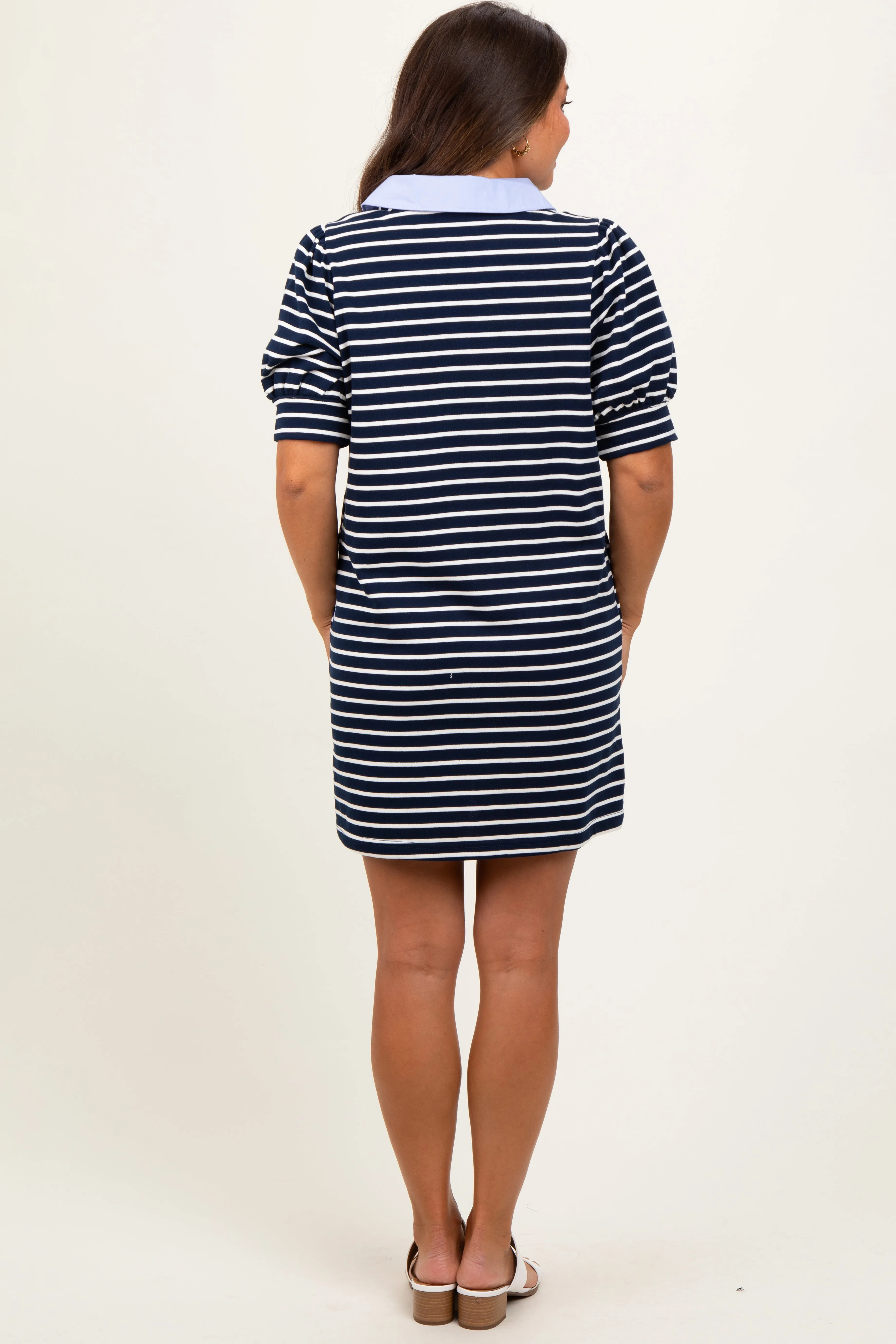 Navy Striped Collared Puff Sleeve Maternity Dress sold by Pinkblush product image thumbnail 4