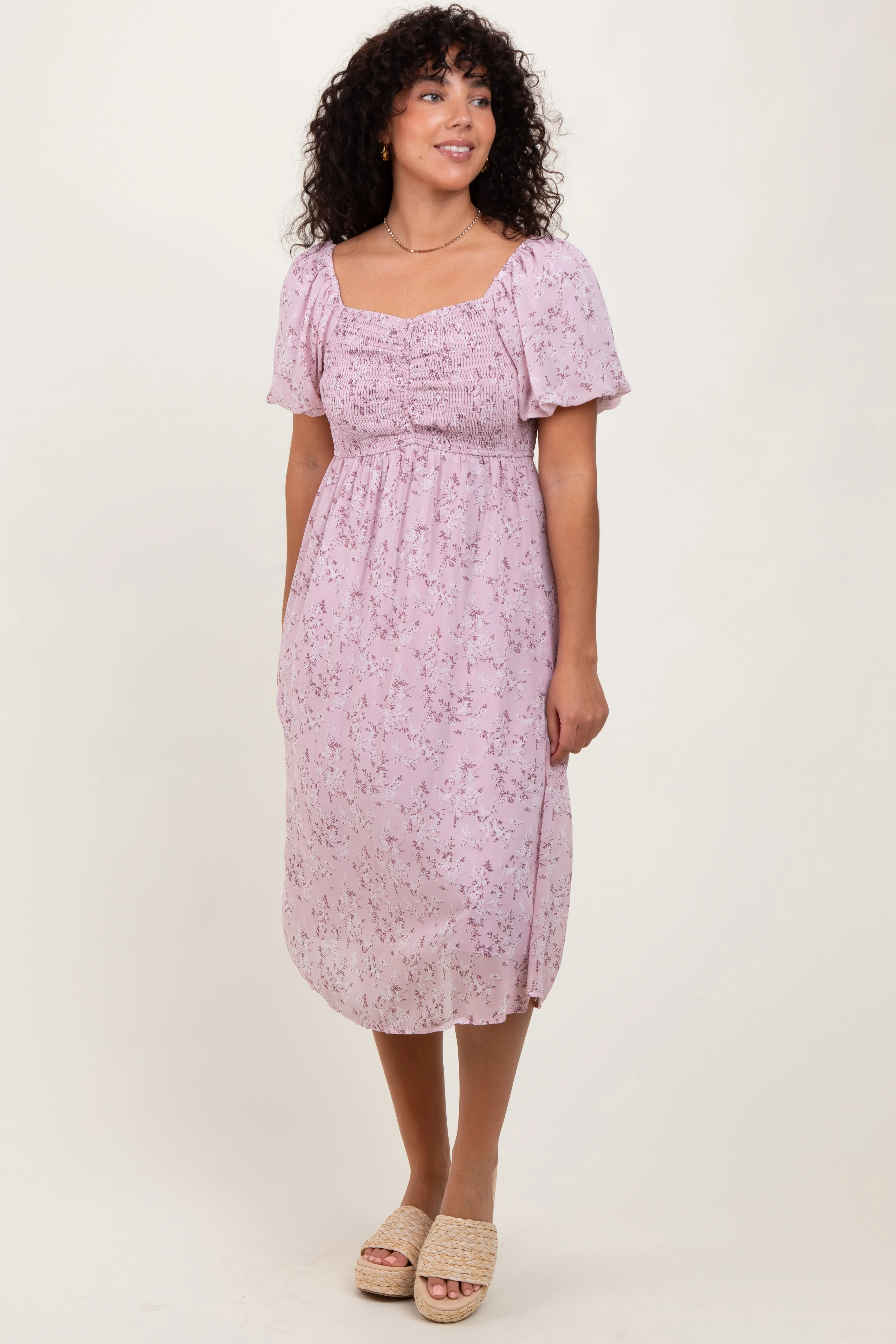 Lavender Floral Smocked Short Sleeve Midi Dress sold by Pinkblush product image thumbnail 2