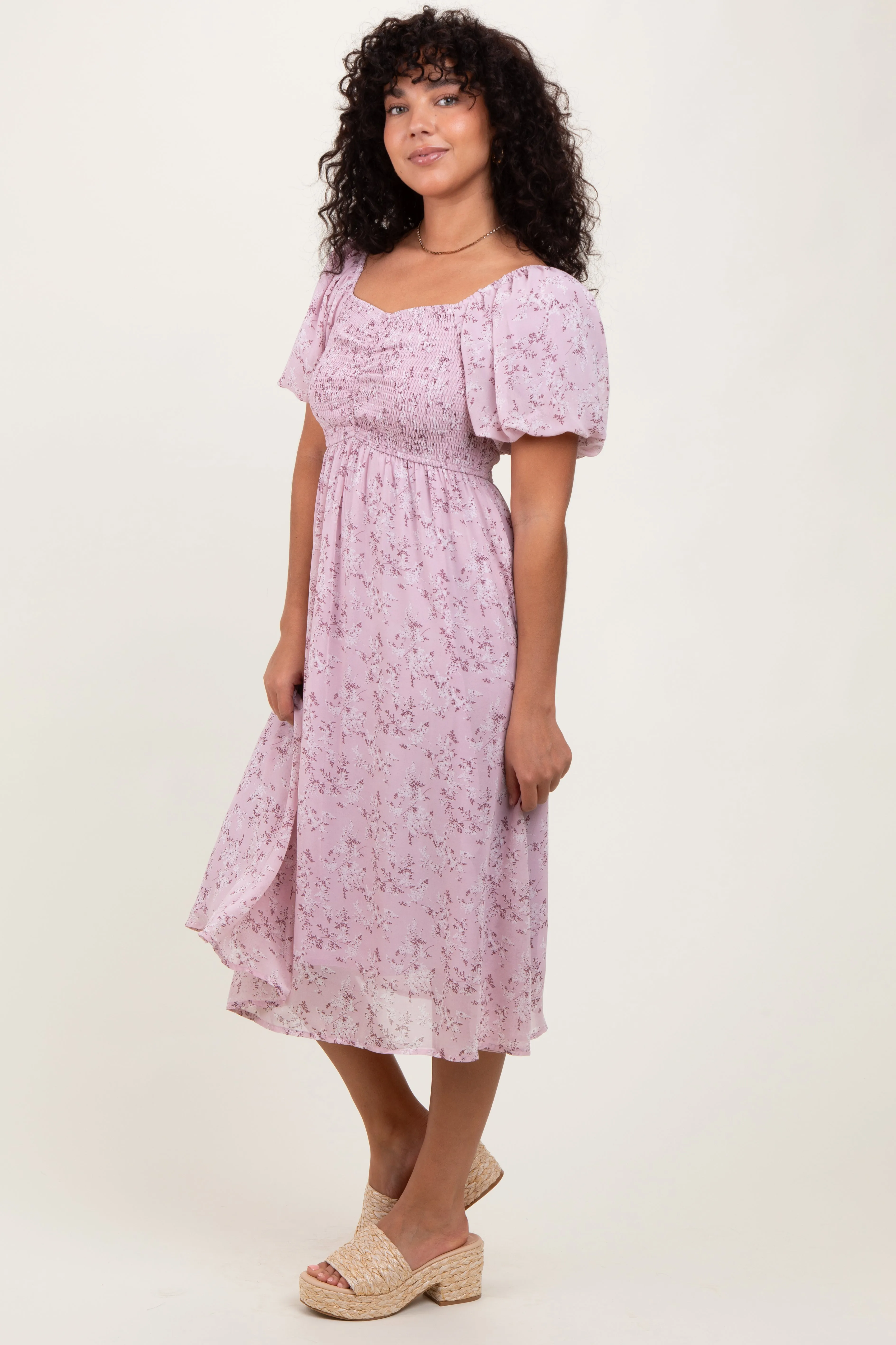 Lavender Floral Smocked Short Sleeve Midi Dress sold by Pinkblush product image thumbnail 3