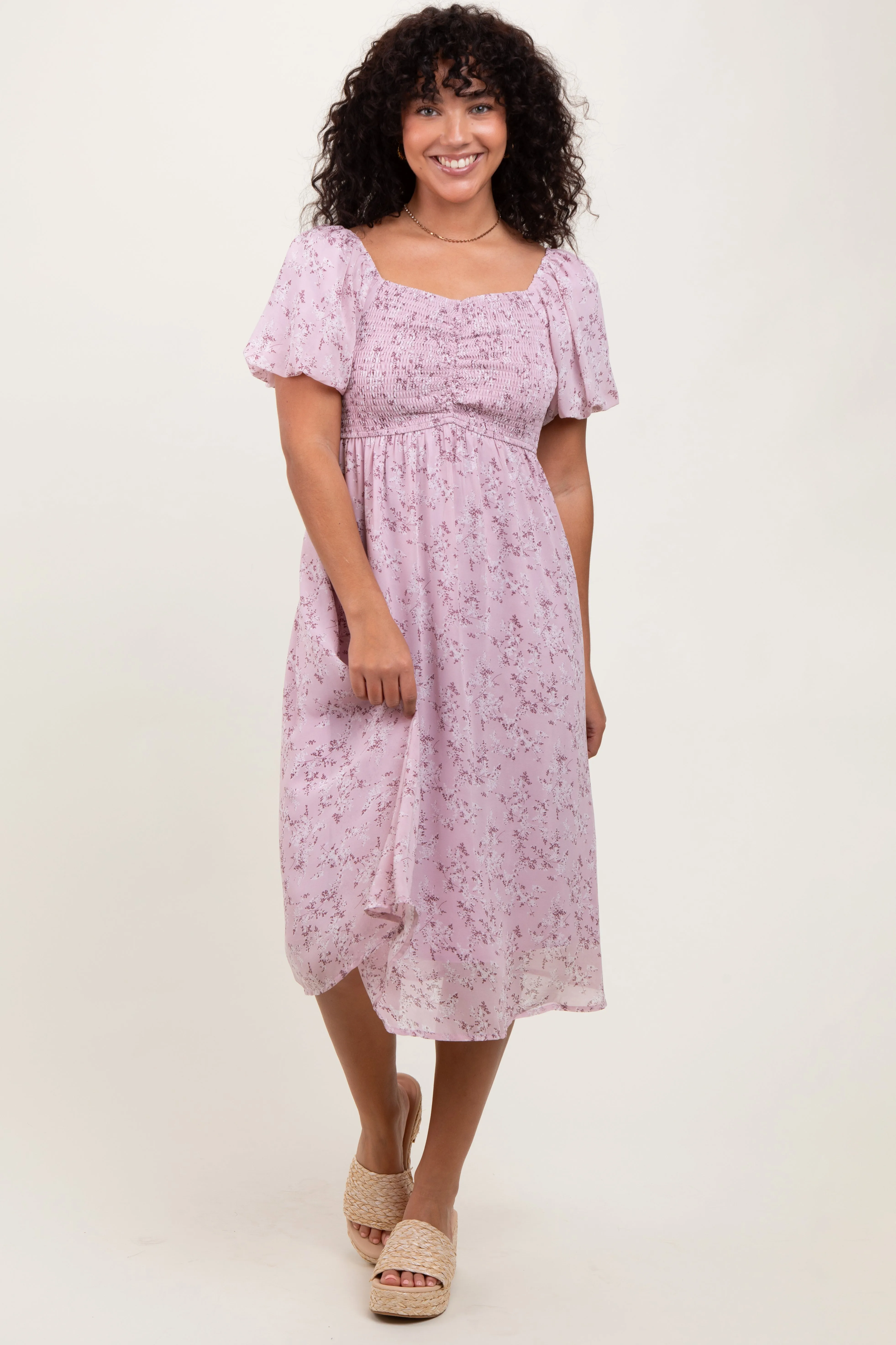 Lavender Floral Smocked Short Sleeve Midi Dress sold by Pinkblush