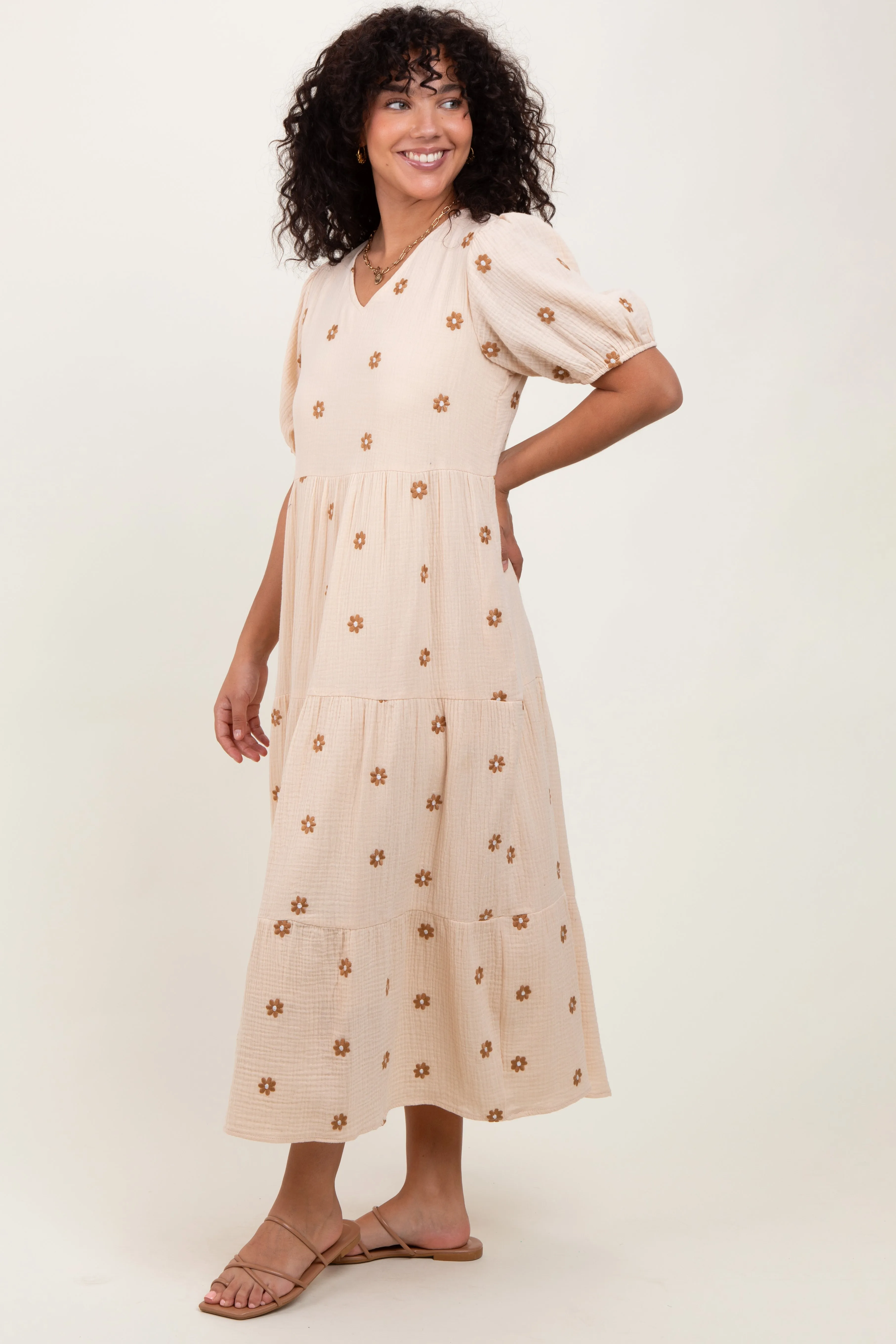 Cream Floral Embroidered Tiered Midi Dress sold by Pinkblush product image thumbnail 2