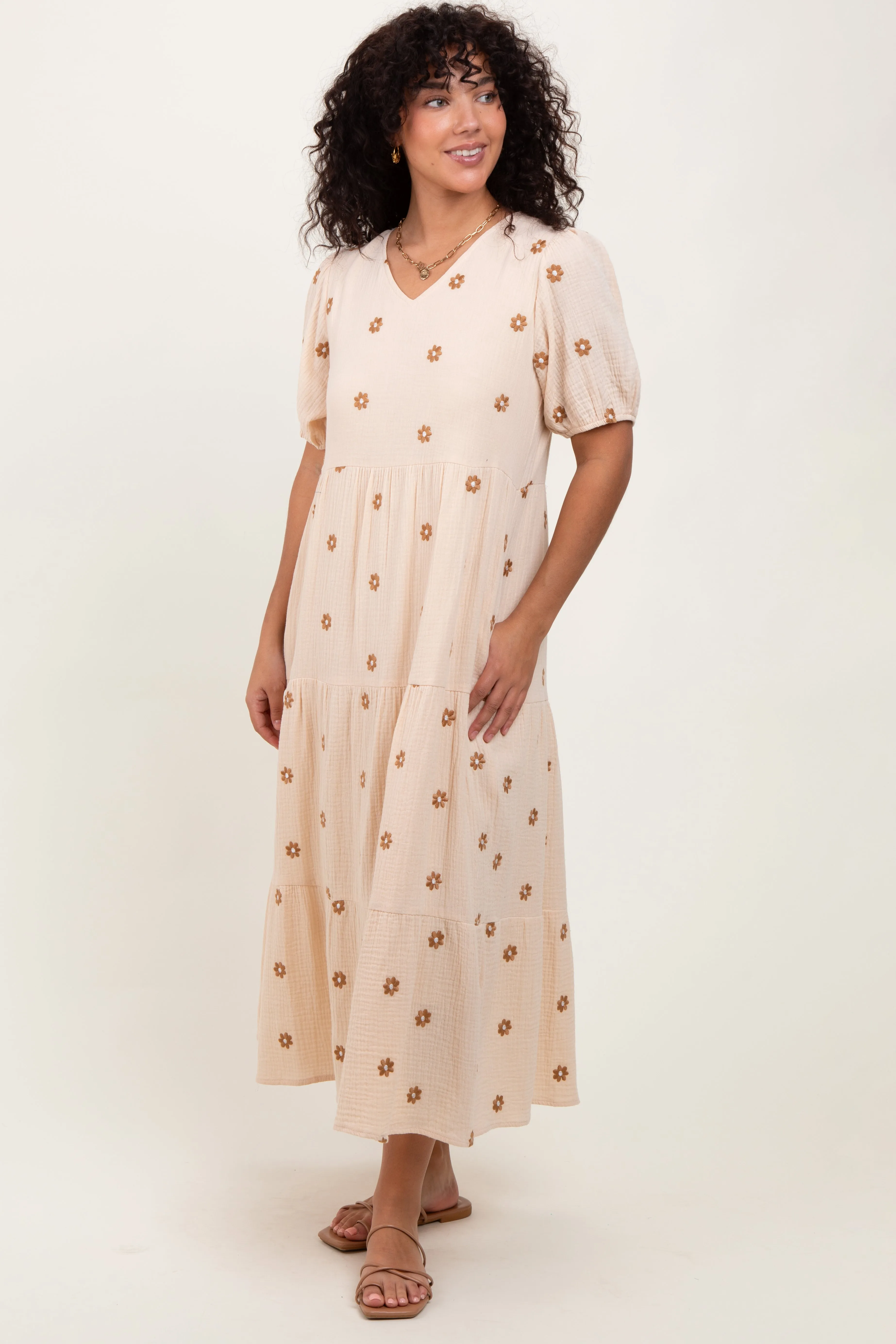 Cream Floral Embroidered Tiered Midi Dress sold by Pinkblush