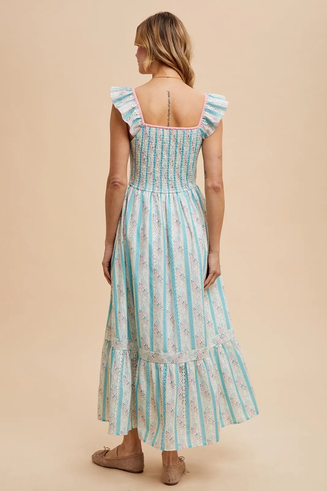 Light Blue Striped Vintage Floral Smocked Maxi Dress sold by Pinkblush product image thumbnail 5