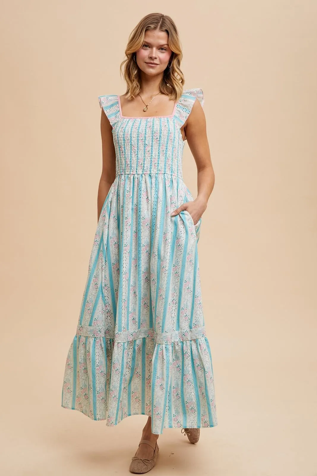 Light Blue Striped Vintage Floral Smocked Maxi Dress sold by Pinkblush product image thumbnail 2