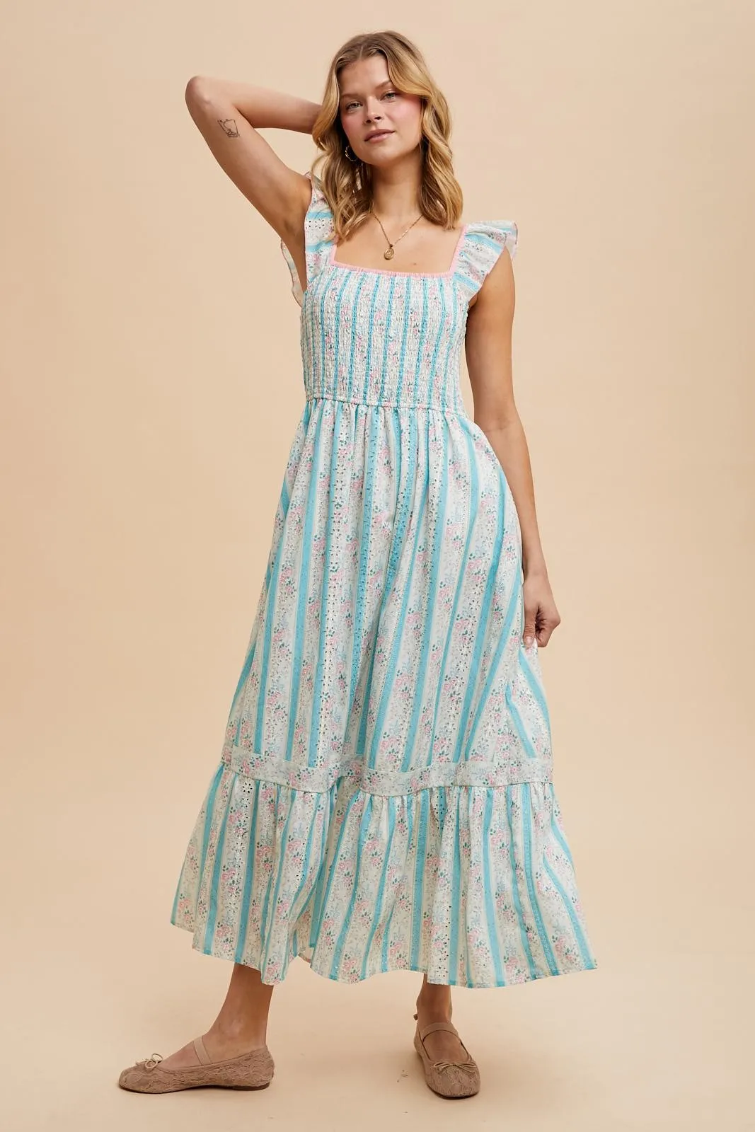 Light Blue Striped Vintage Floral Smocked Maxi Dress sold by Pinkblush product image thumbnail 3
