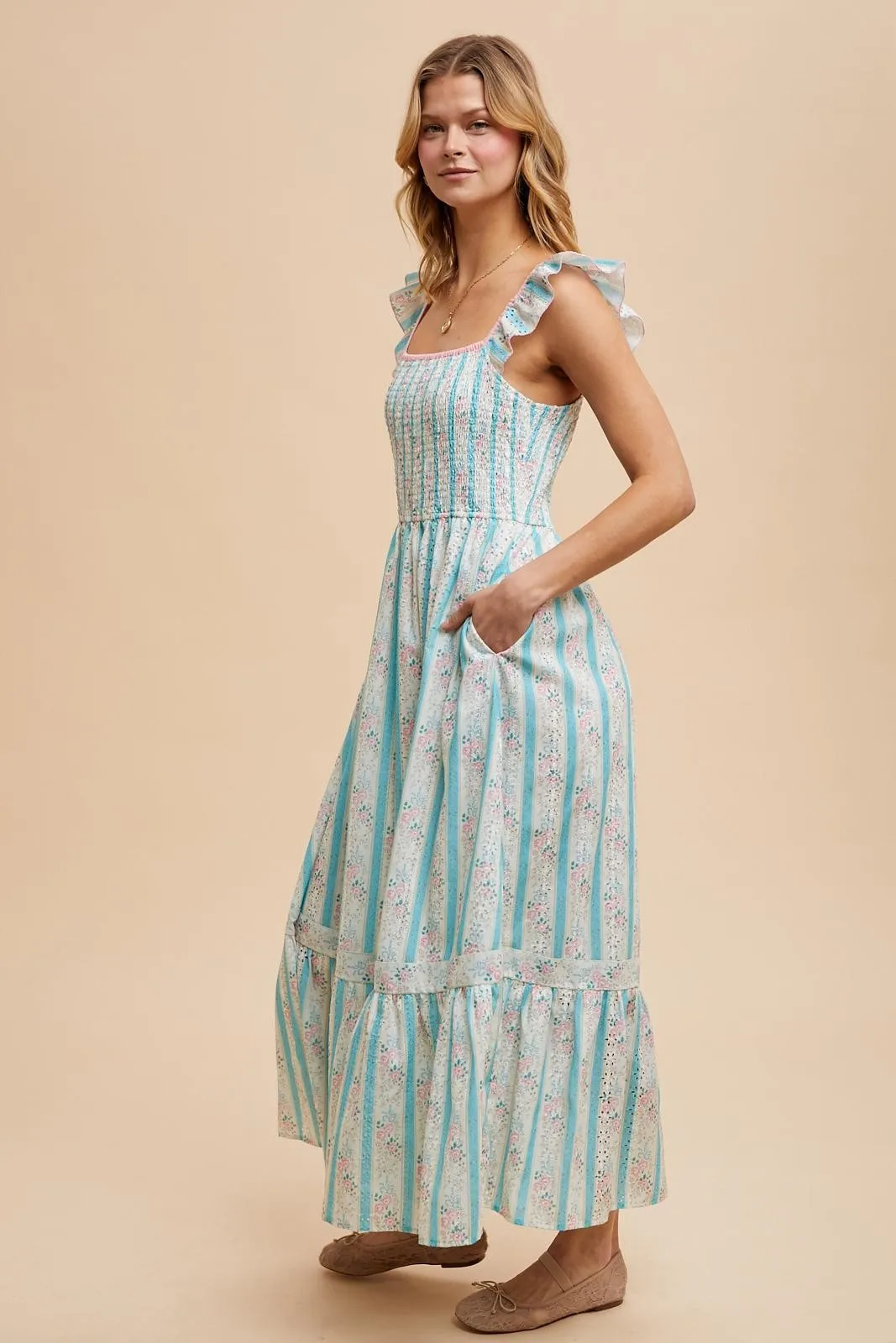 Light Blue Striped Vintage Floral Smocked Maxi Dress sold by Pinkblush product image thumbnail 4