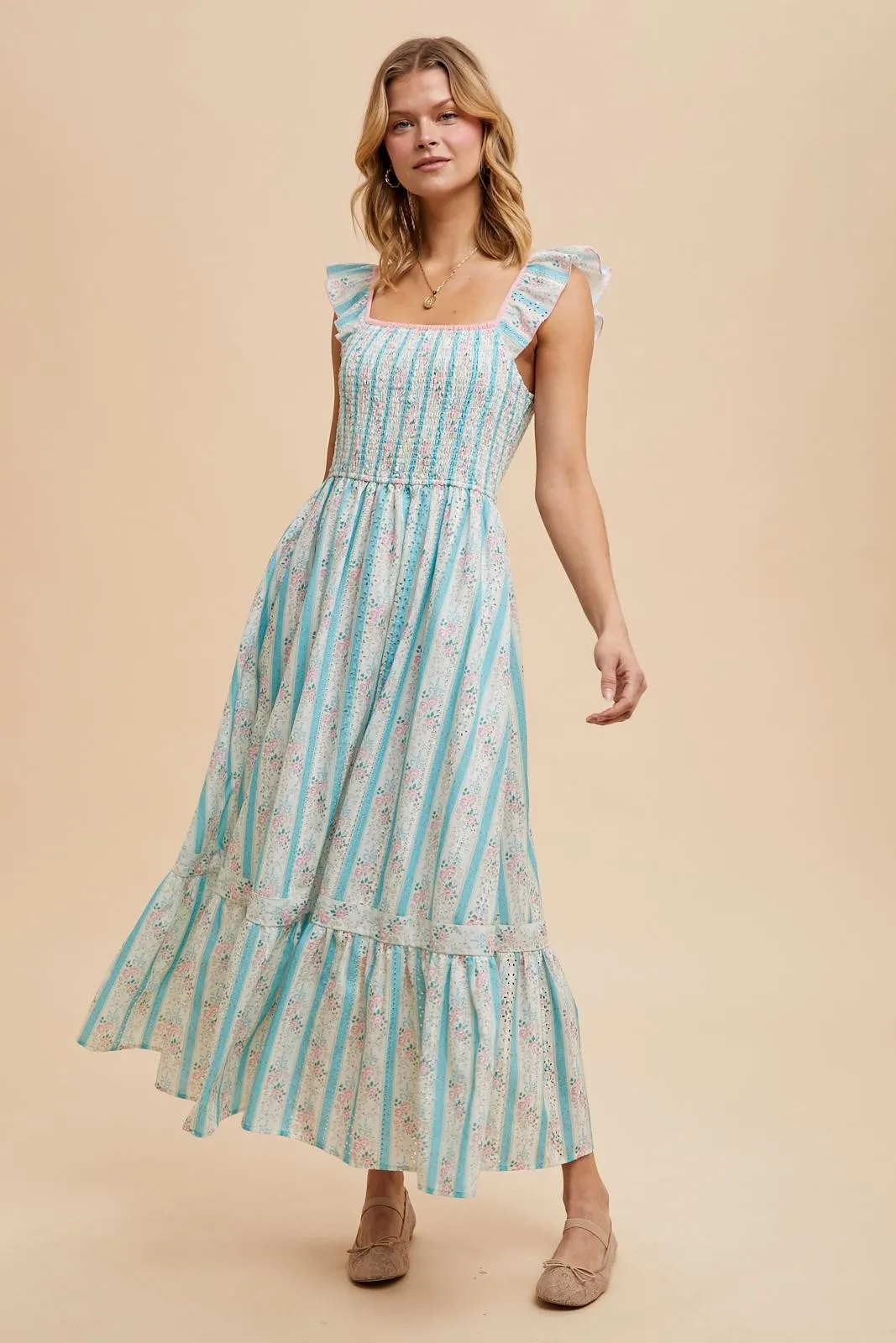 Light Blue Striped Vintage Floral Smocked Maxi Dress sold by Pinkblush