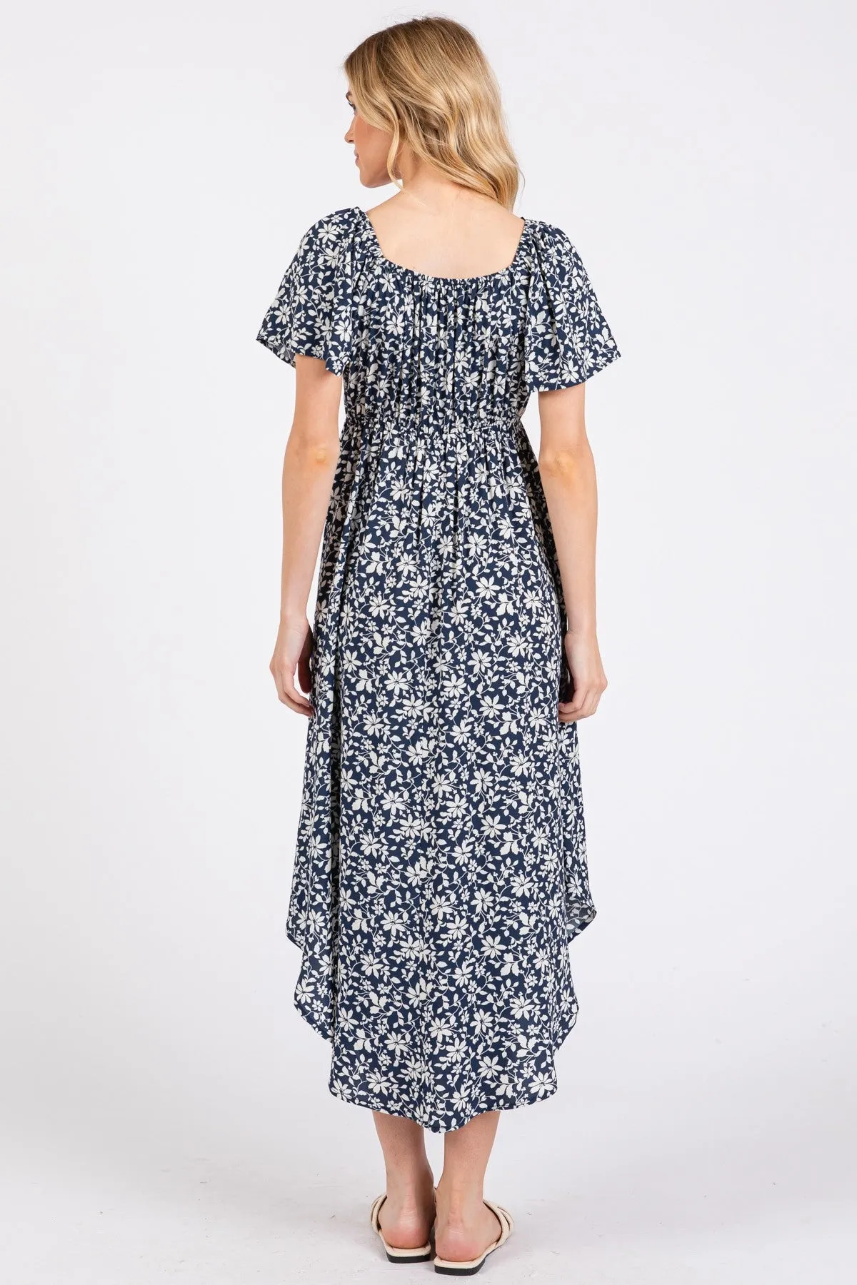 Navy Blue Floral Ruched Tie Front Midi Dress sold by Pinkblush product image thumbnail 3