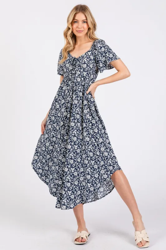 Navy Blue Floral Ruched Tie Front Midi Dress sold by Pinkblush