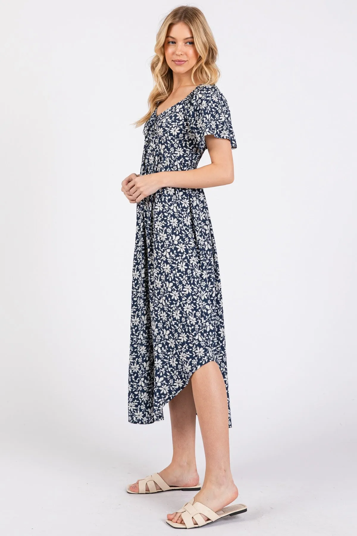 Navy Blue Floral Ruched Tie Front Midi Dress sold by Pinkblush product image thumbnail 2