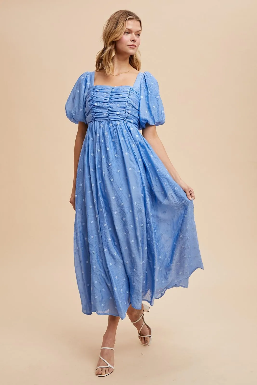 Blue Embroidered Shirred Puff Sleeve Maxi Dress sold by Pinkblush product image thumbnail 2
