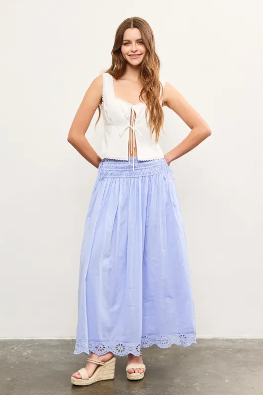 Periwinkle Smocked Waist Eyelet Lace Hem Maxi Skirt sold by Pinkblush