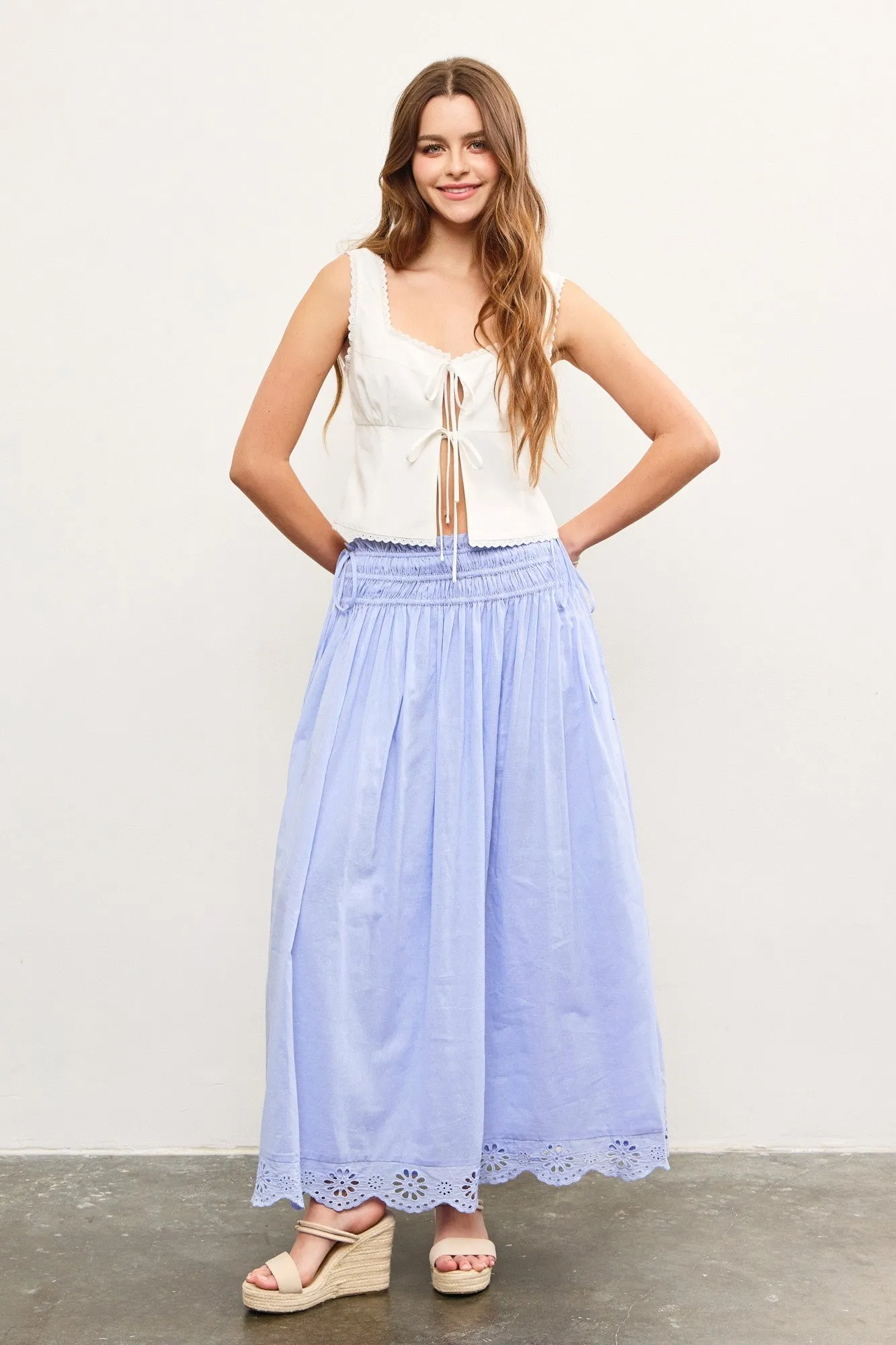 Periwinkle Smocked Waist Eyelet Lace Hem Maxi Skirt sold by Pinkblush