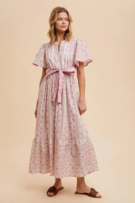 Magenta Floral Flutter Sleeve Waist Tie Maxi Dress sold by Pinkblush