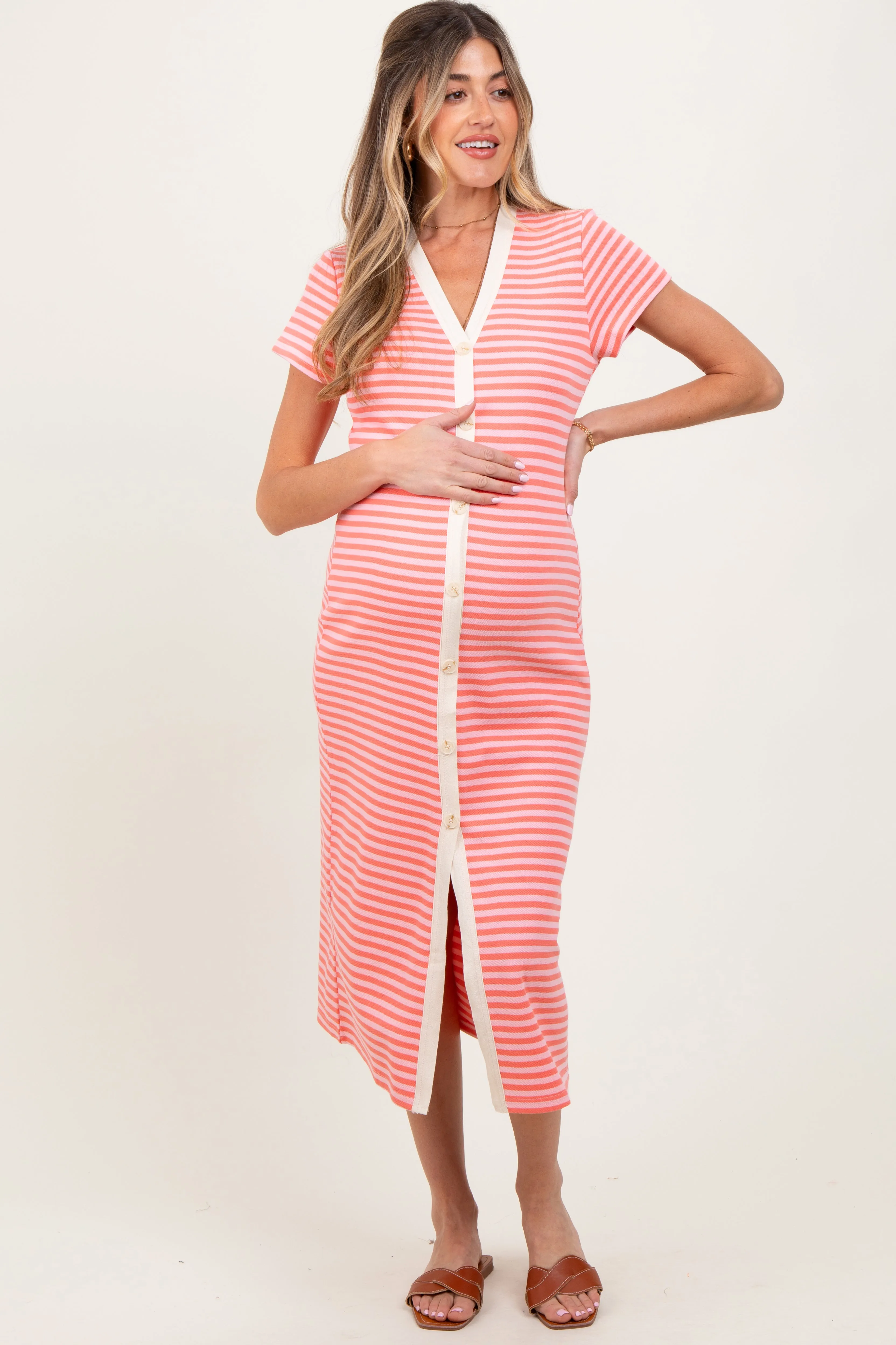 Pink Striped Button Down Maternity Midi Dress sold by Pinkblush