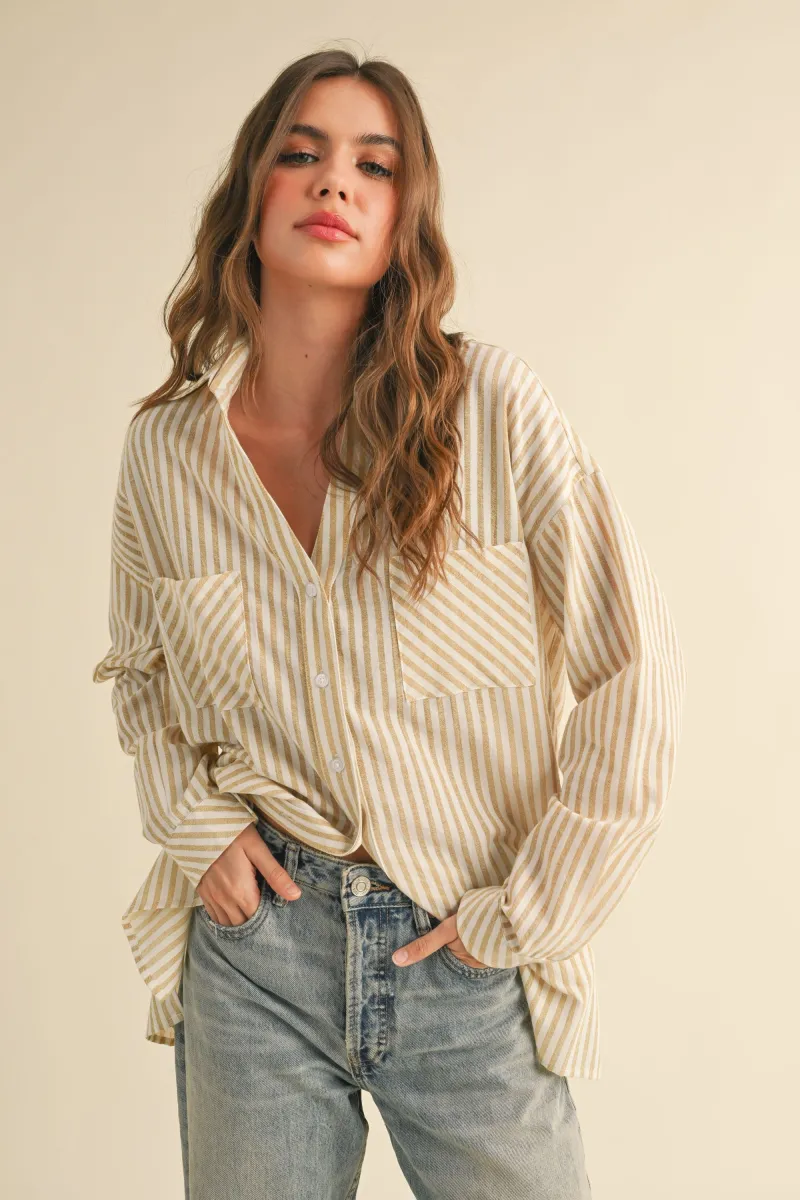 Dark Yellow Striped Double Pocket Button Down Top sold by Pinkblush