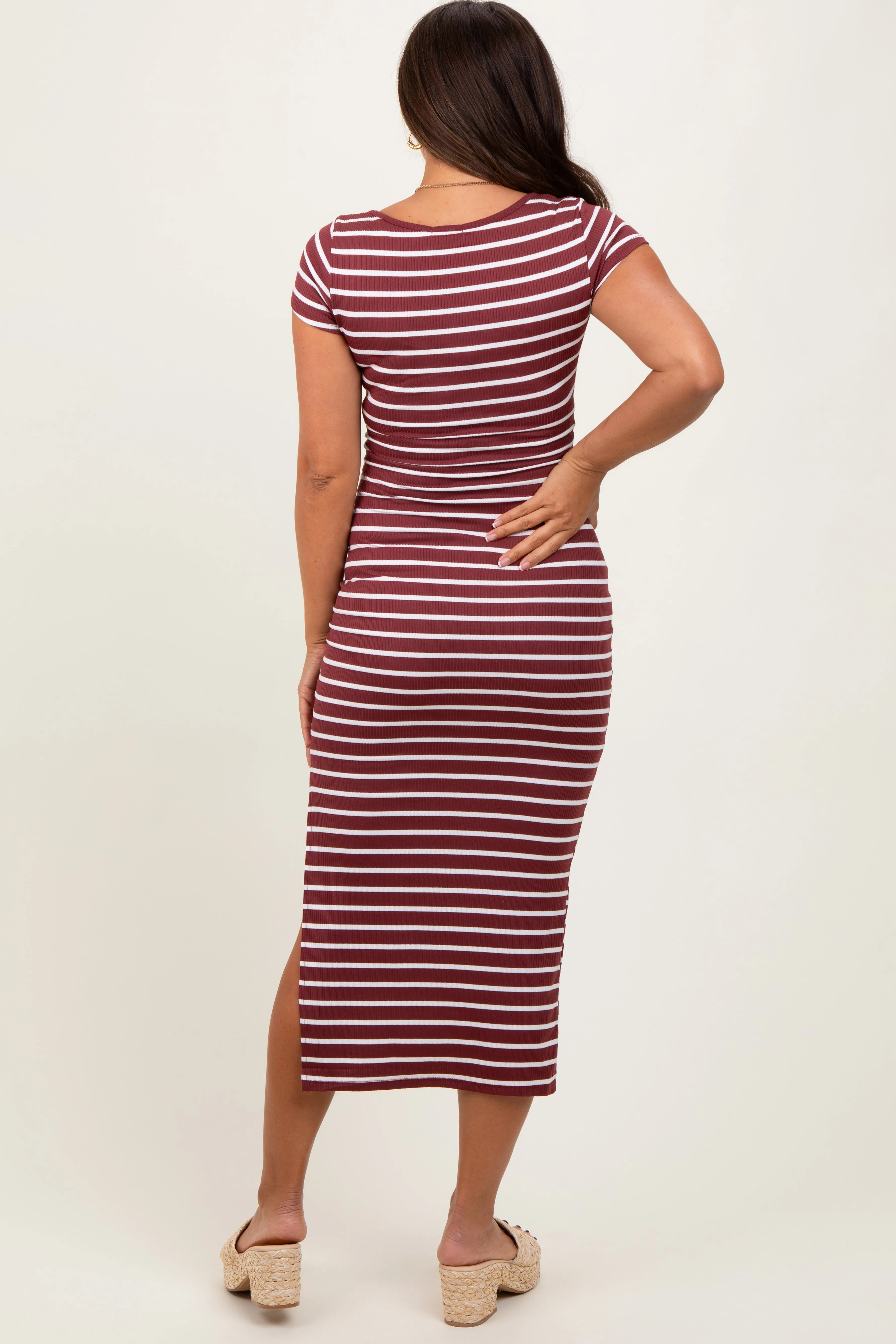 Burgundy Striped Short Sleeve Side Slit Maternity Maxi Dress sold by Pinkblush product image thumbnail 3