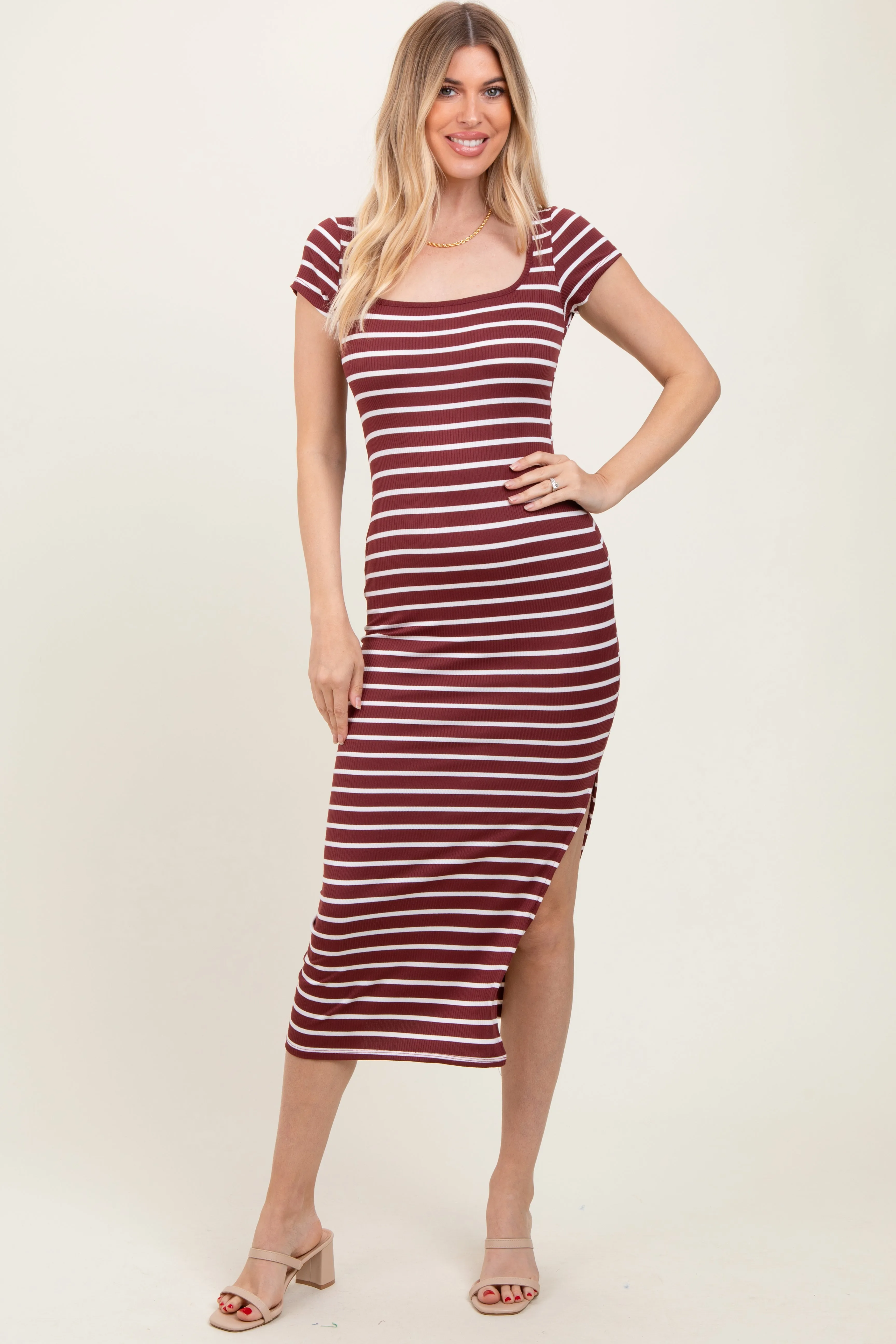 Burgundy Striped Short Sleeve Side Slit Maternity Maxi Dress sold by Pinkblush product image thumbnail 4