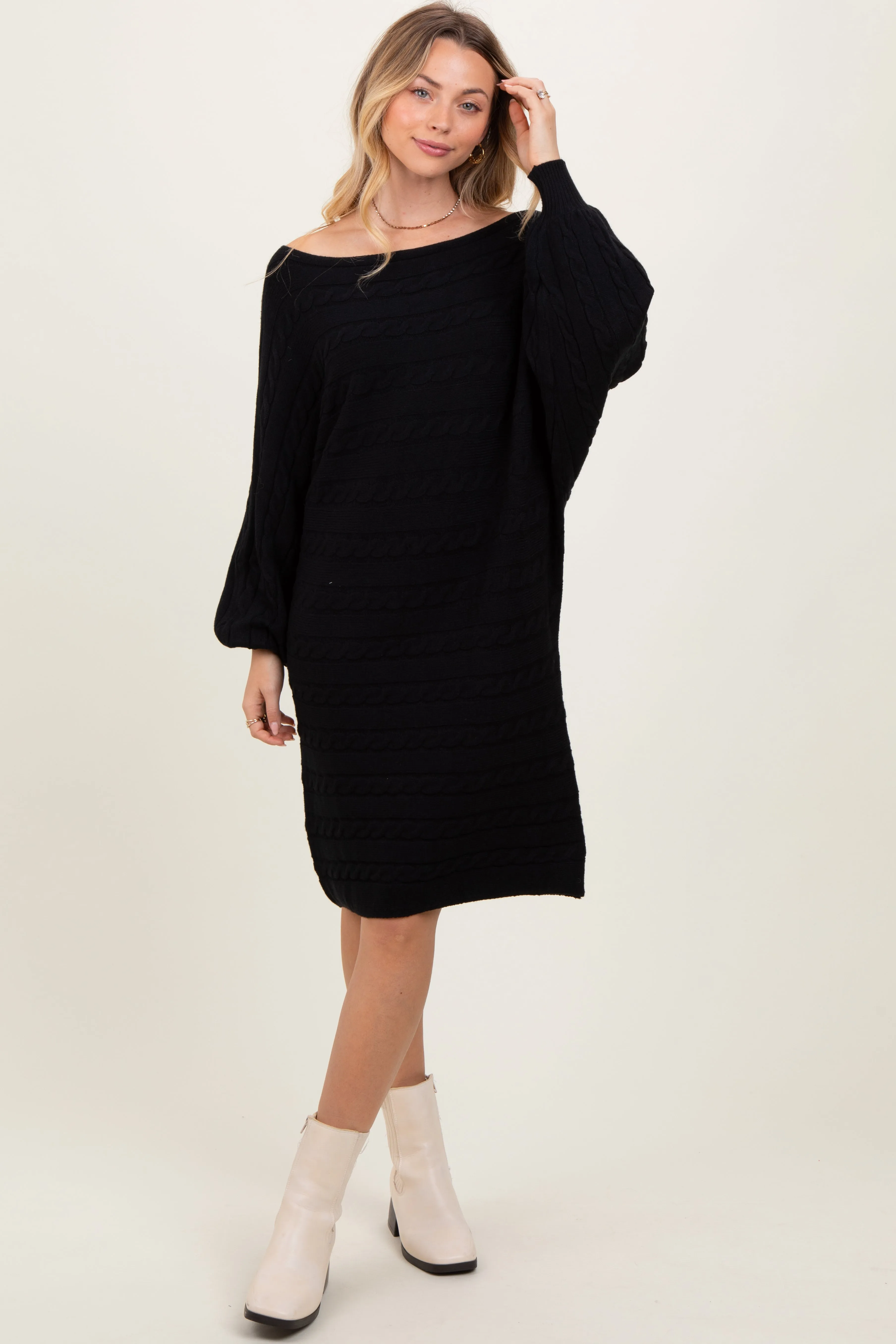 Black Cable Knit Dolman Sleeve Sweater Mini Dress sold by Pinkblush product image thumbnail 2