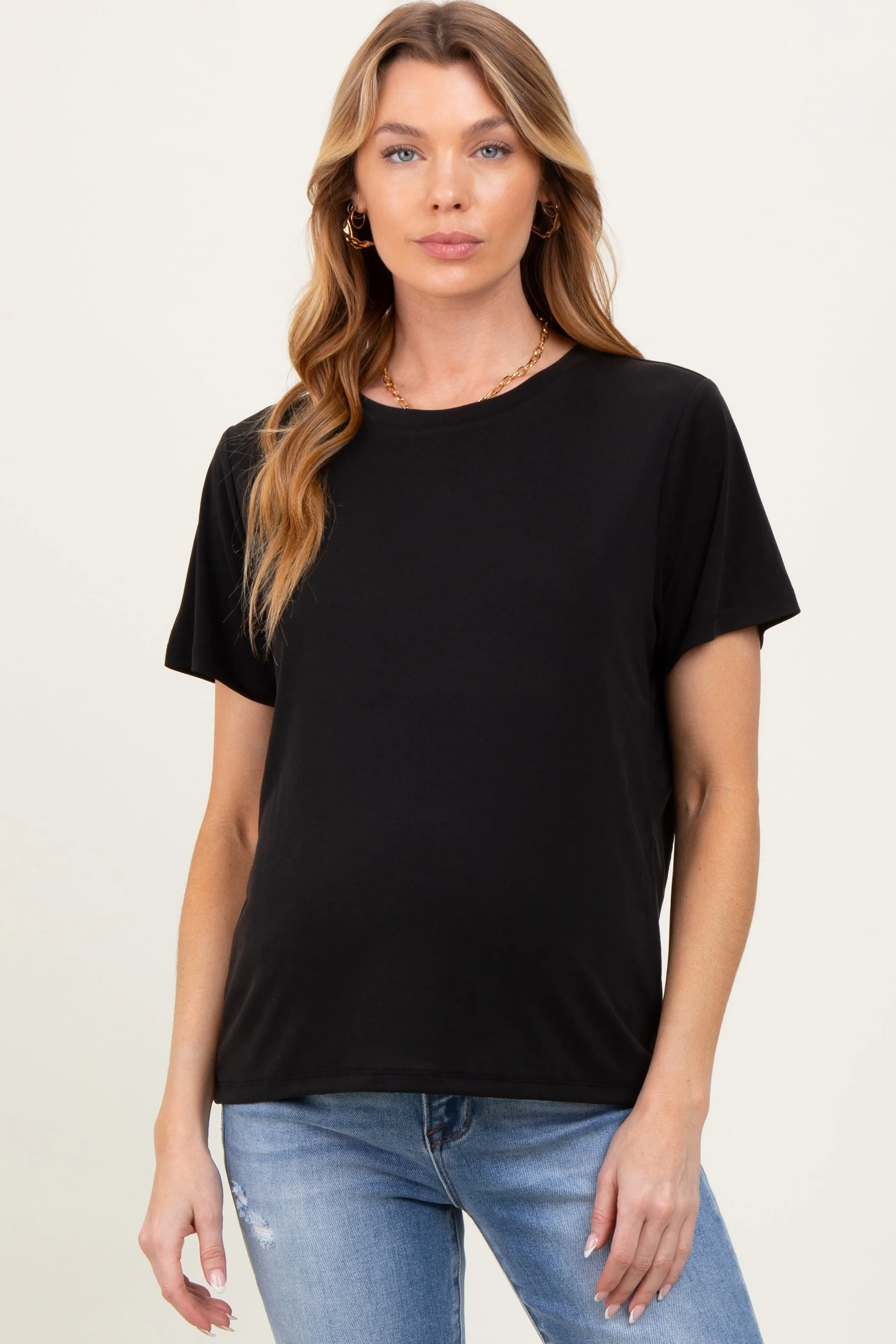 Black Basic Round Neck Short Sleeve Maternity T-Shirt sold by Pinkblush