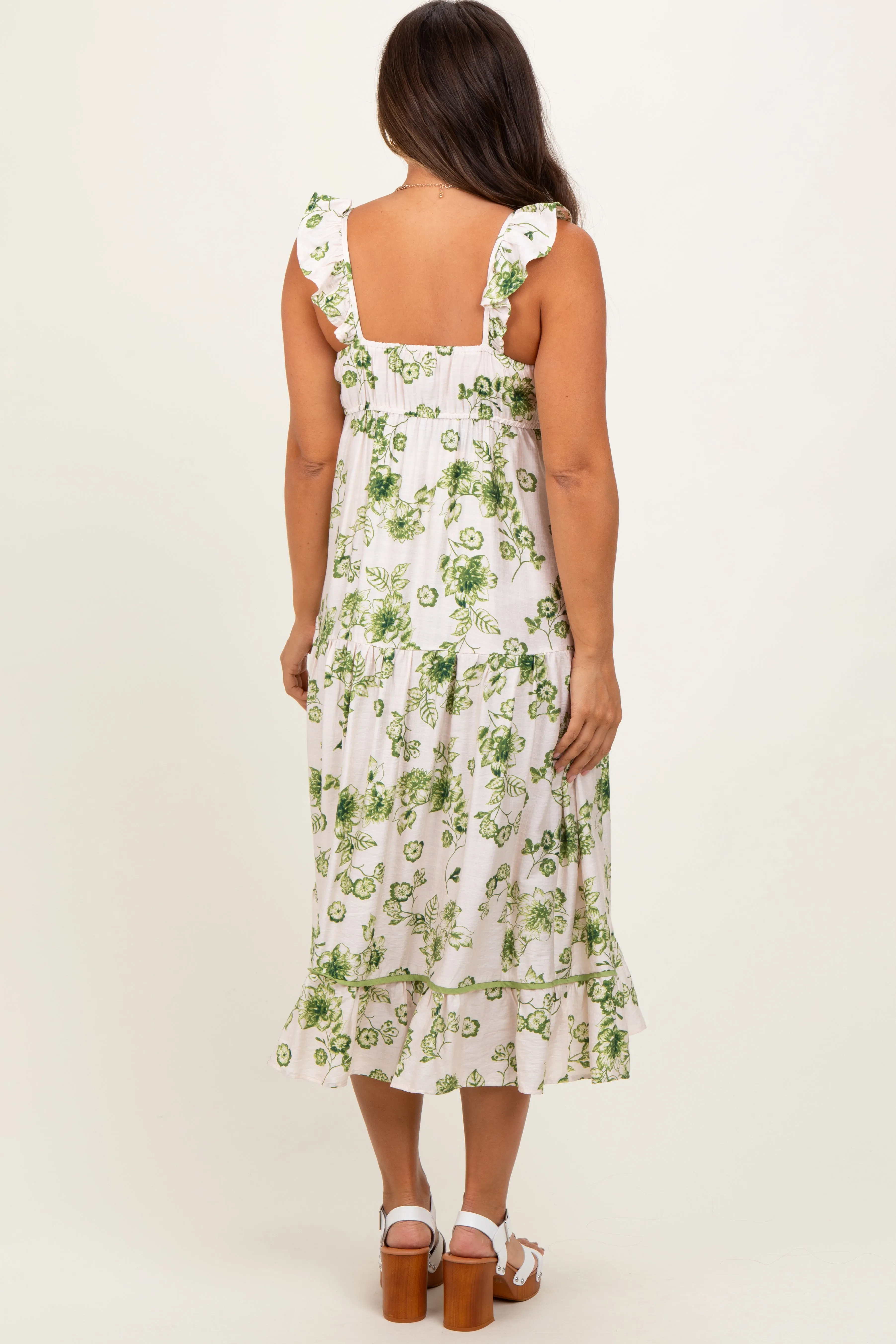 Green Floral Ruffle Strap Tiered Maternity Midi Dress sold by Pinkblush product image thumbnail 3