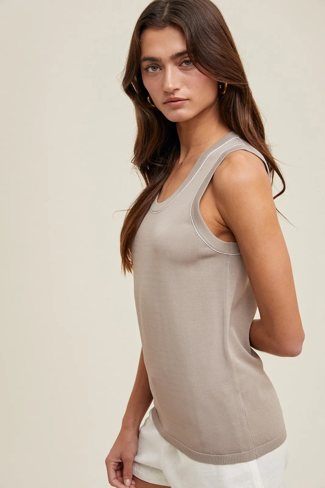 Taupe Knit Piping Detail Sleeveless Top sold by Pinkblush product image thumbnail 2