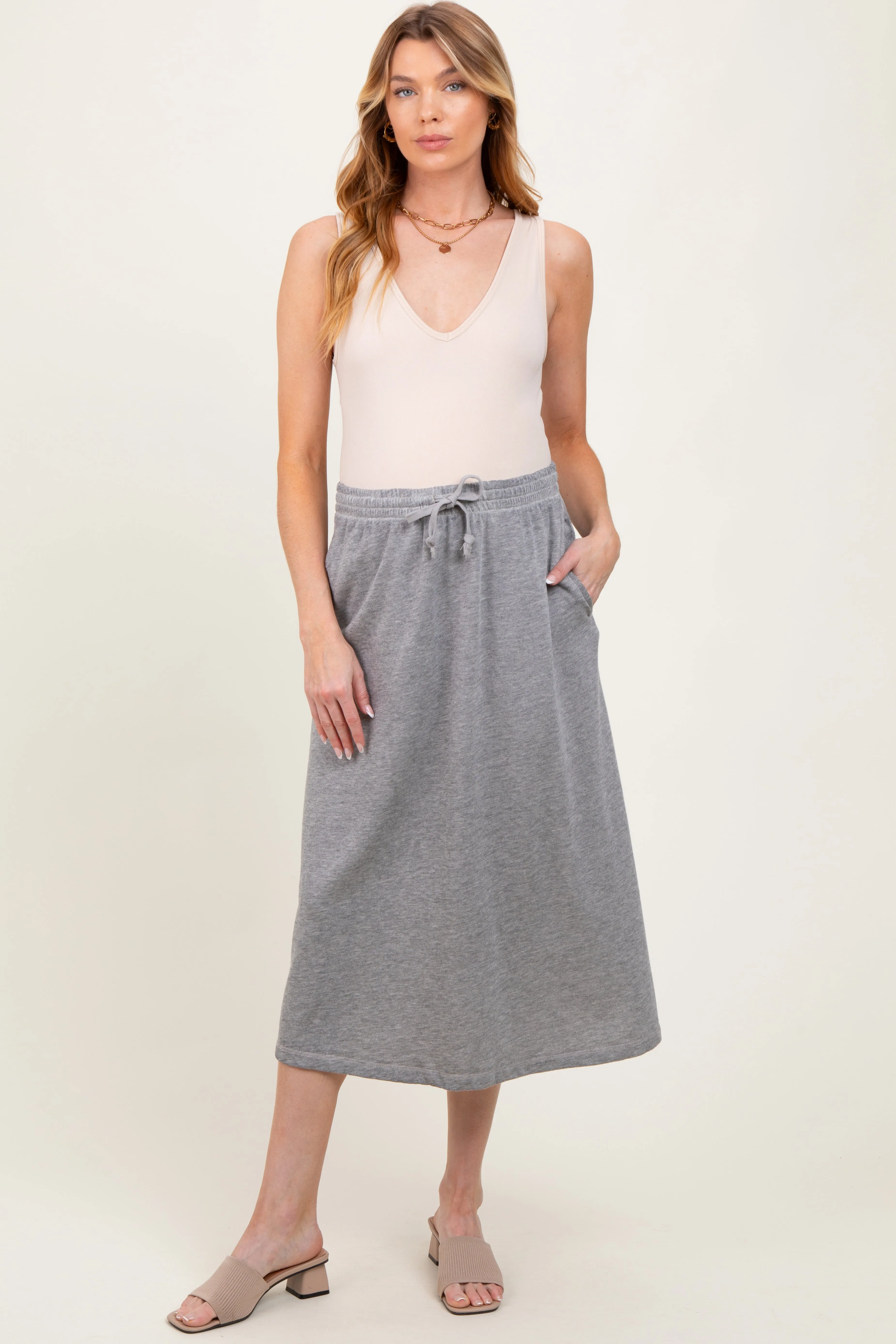 Heather Grey Terry Drawstring Maternity Midi Skirt sold by Pinkblush