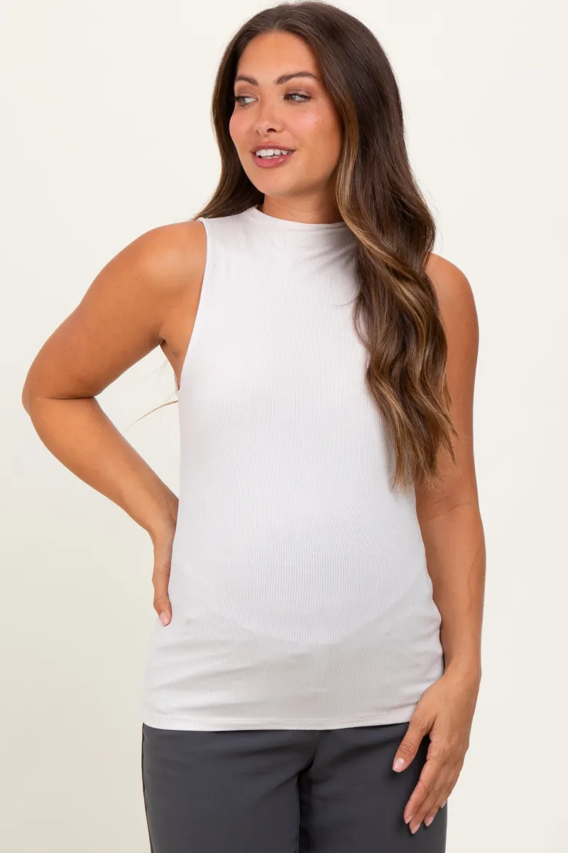 Beige Ribbed Sleeveless Mock Neck Maternity Top sold by Pinkblush
