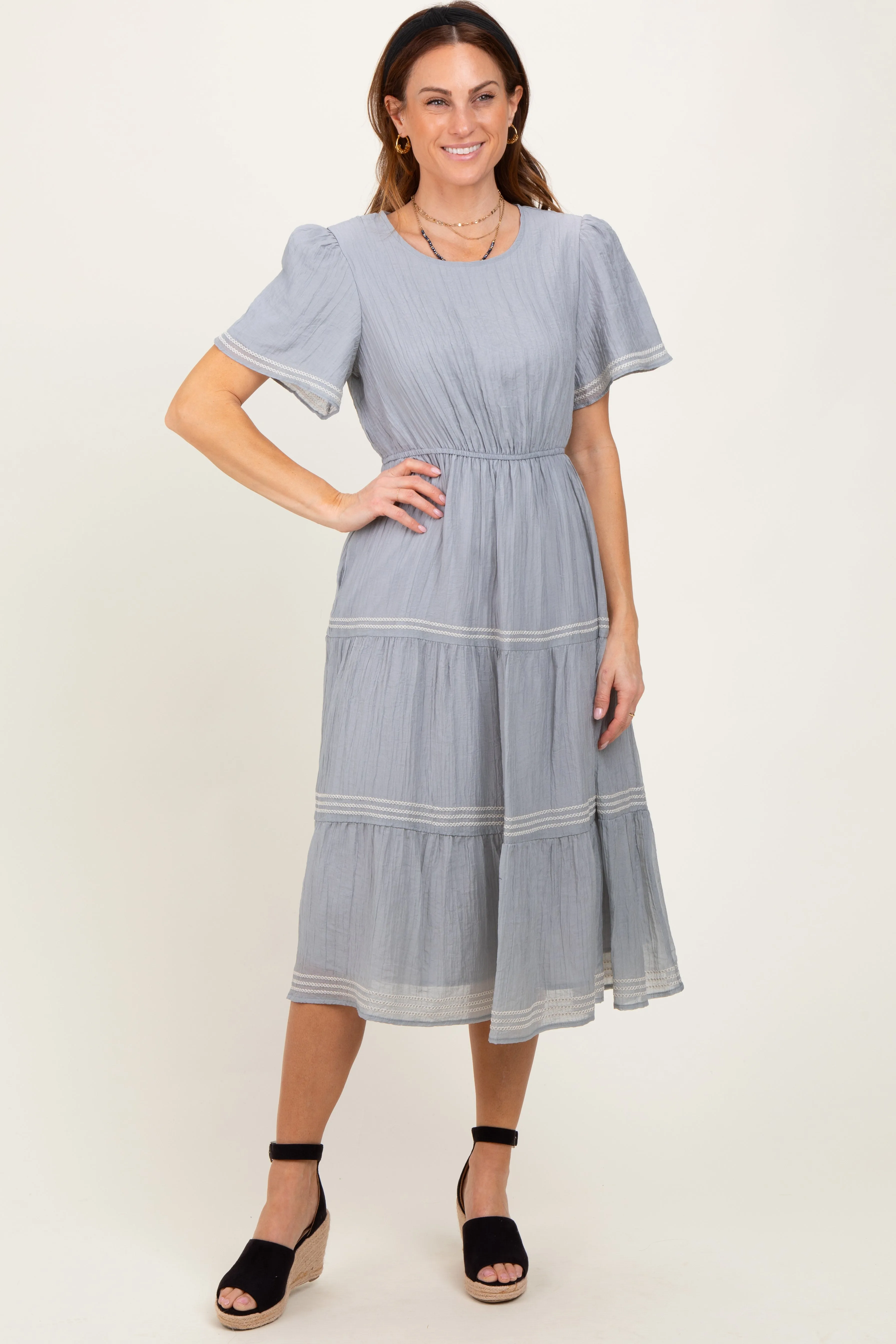 Light Blue Embroidered Tiered Midi Dress sold by Pinkblush