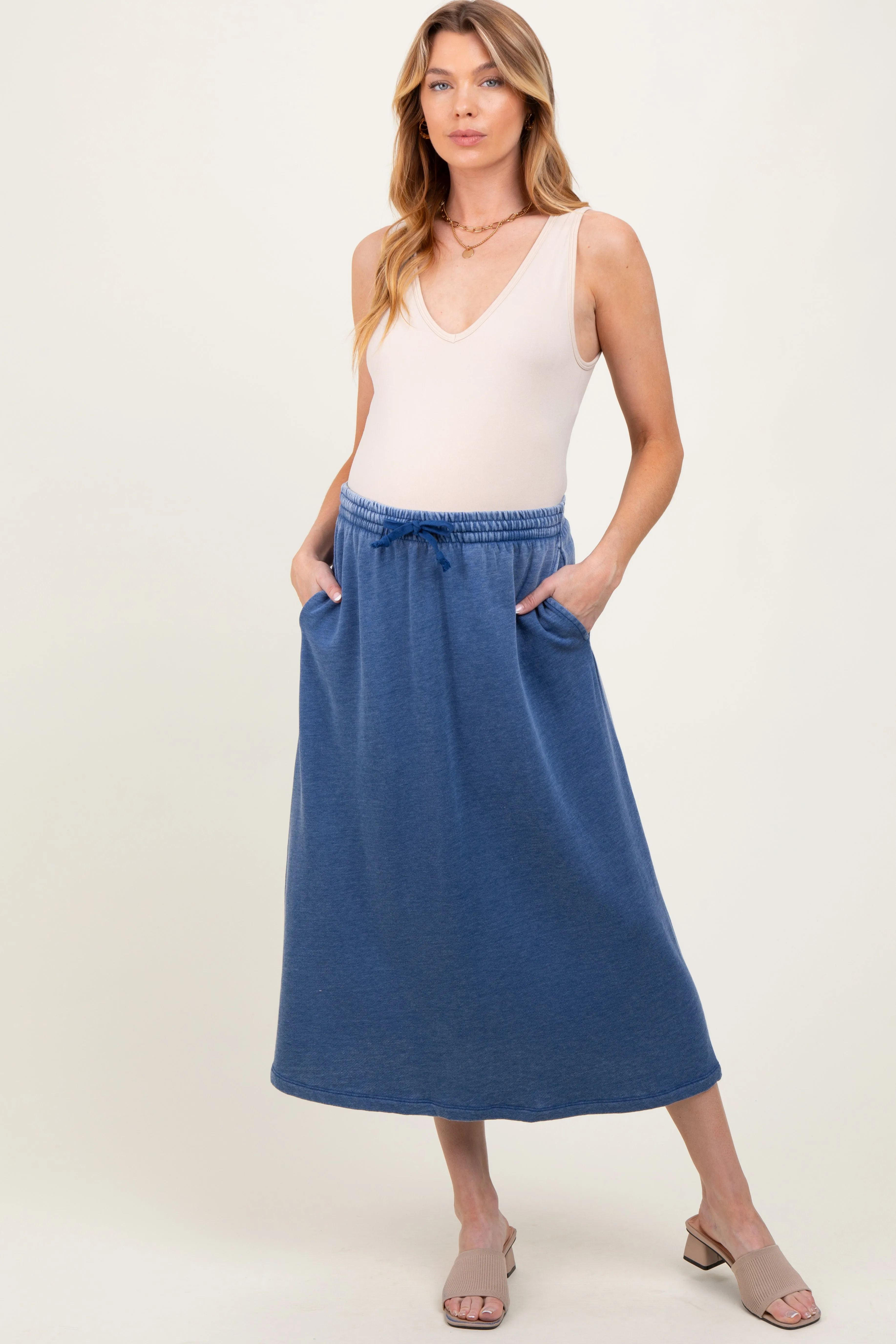 Light Navy Terry Drawstring Maternity Midi Skirt sold by Pinkblush