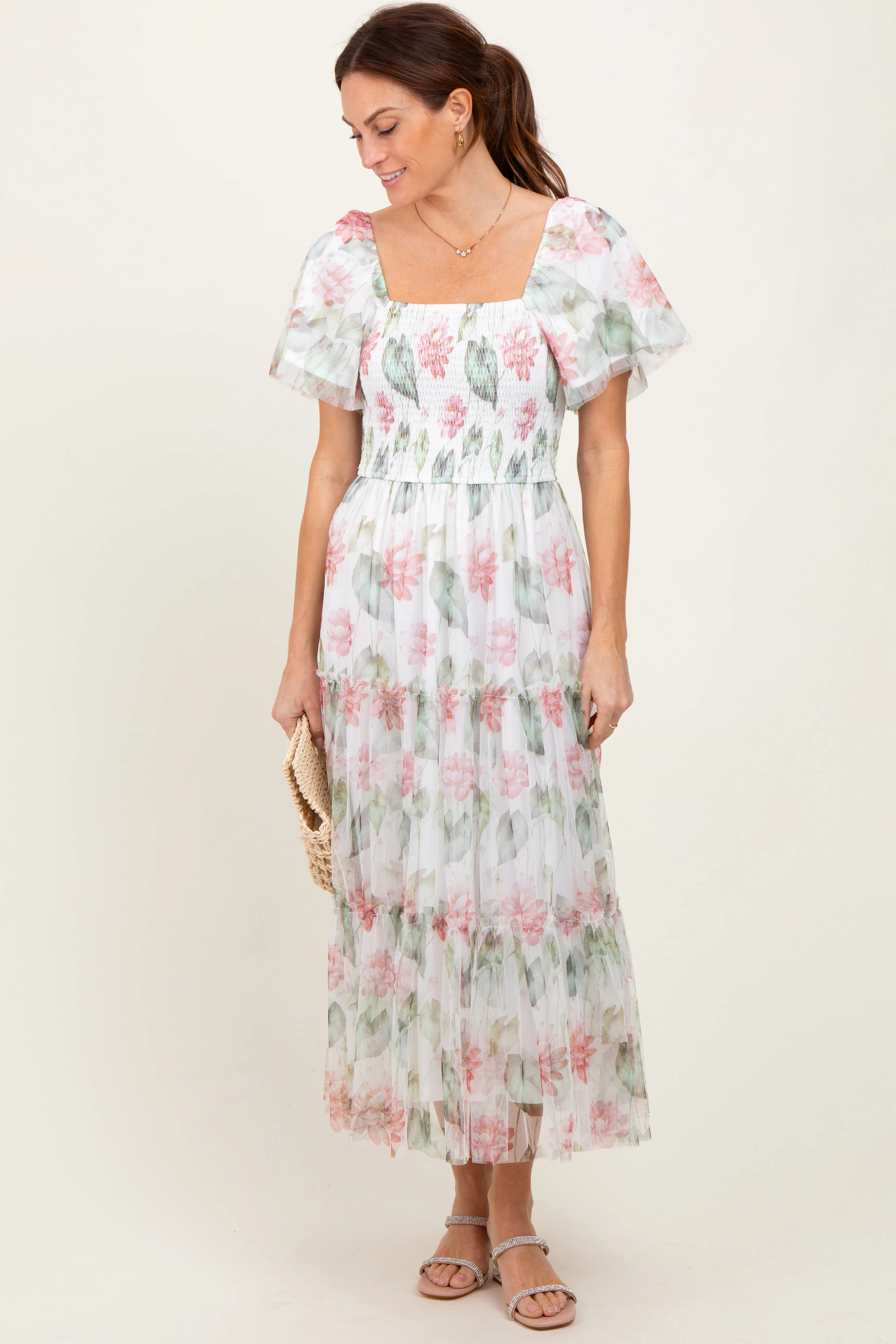 Ivory Floral Mesh Smocked Midi Dress sold by Pinkblush product image thumbnail 2