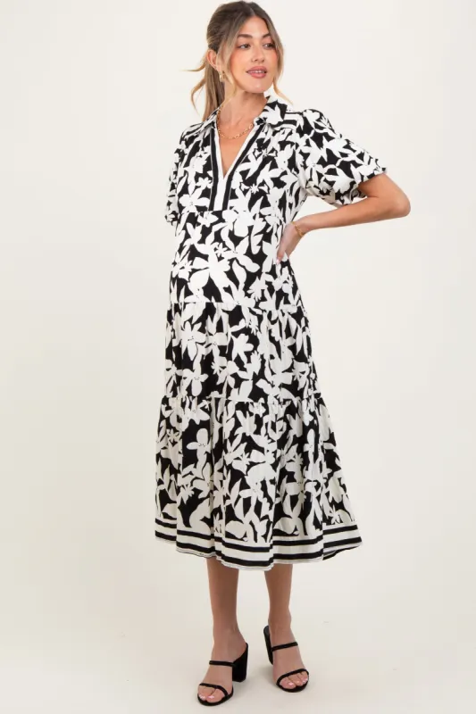 Black Botanical Print A Line Tiered Maternity Dress made by Umgee
