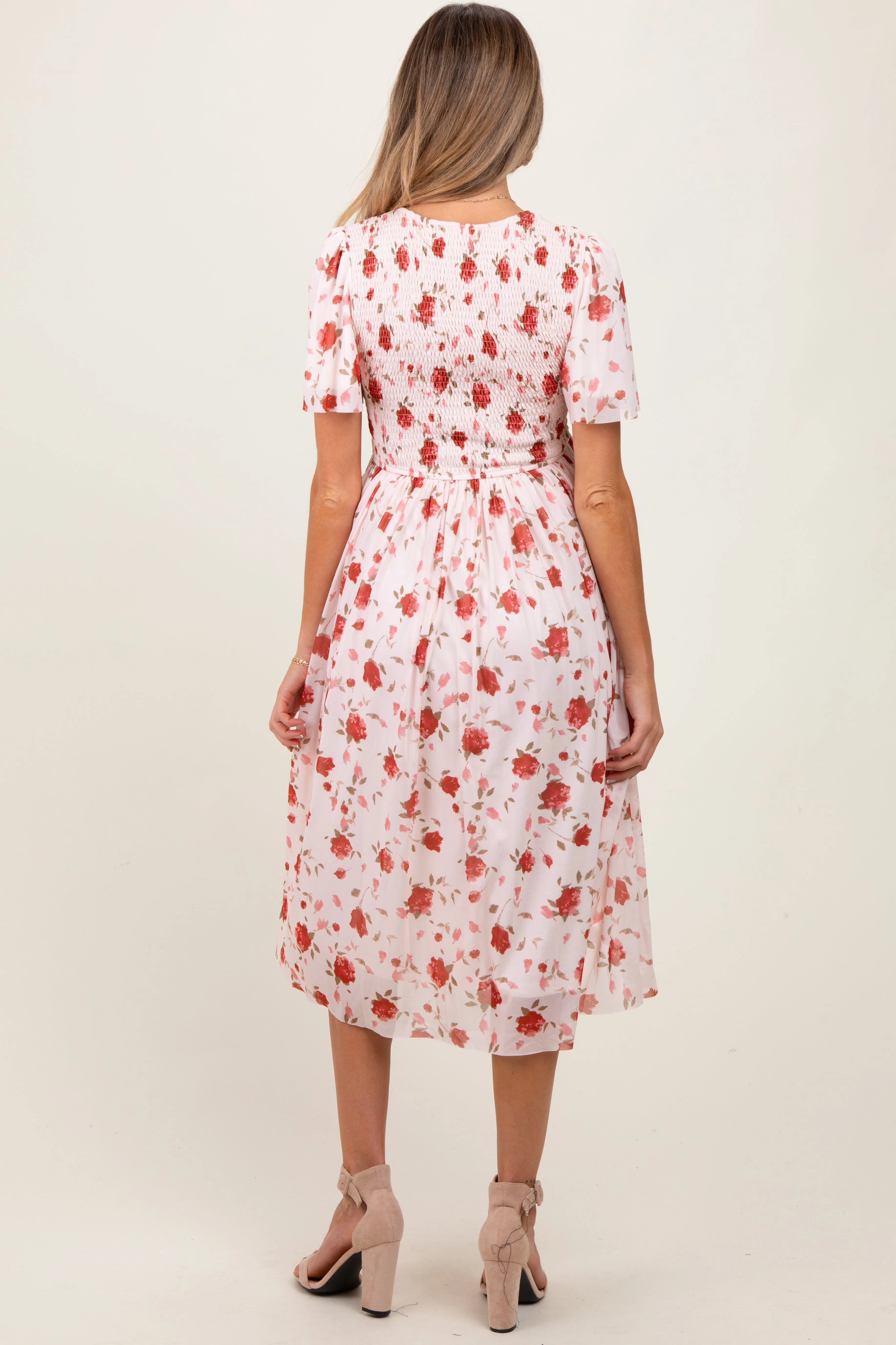 Light Pink Floral Smocked V-Neck Maternity Midi Dress sold by Pinkblush product image thumbnail 4