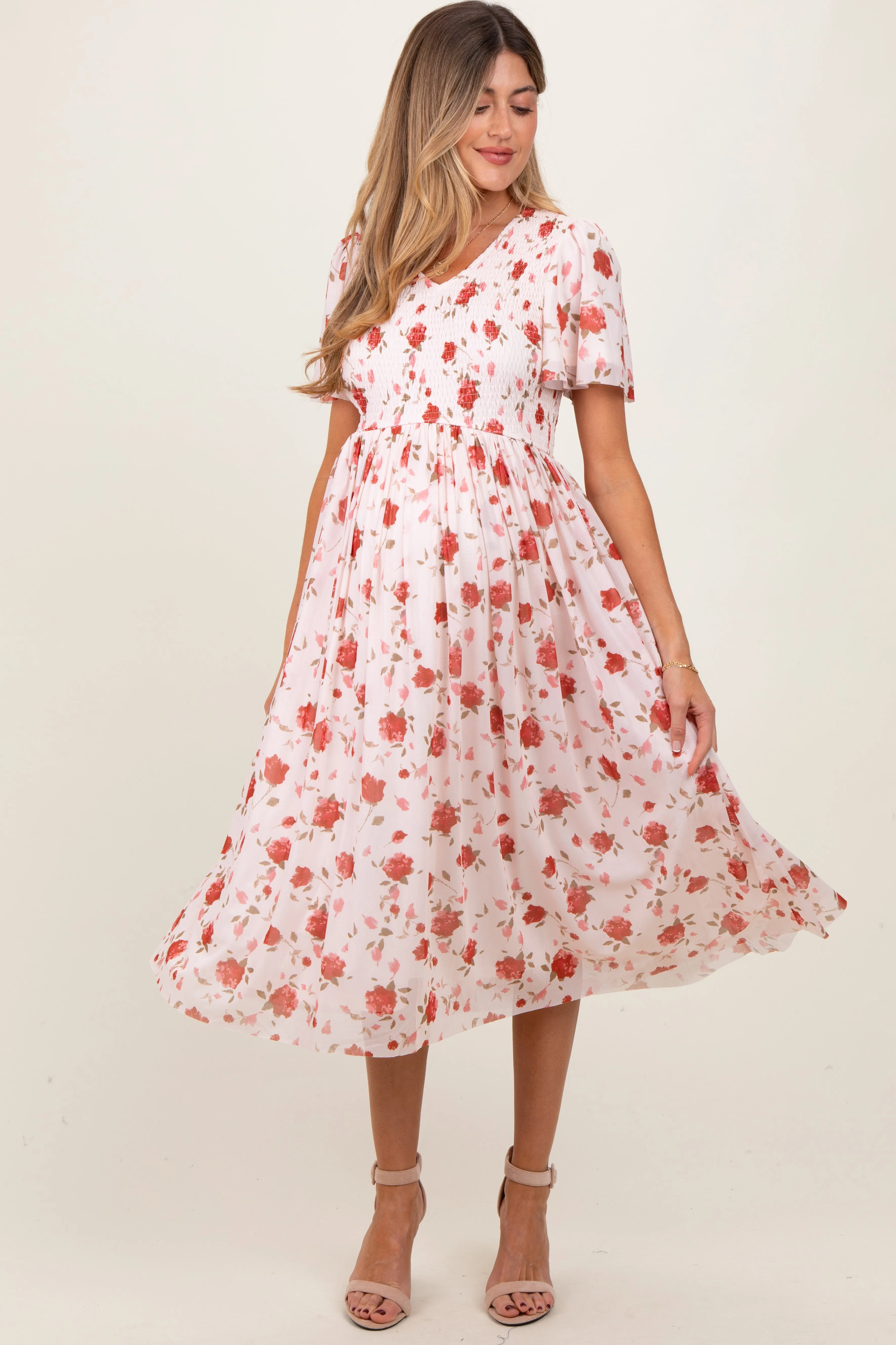 Light Pink Floral Smocked V-Neck Maternity Midi Dress sold by Pinkblush product image thumbnail 2