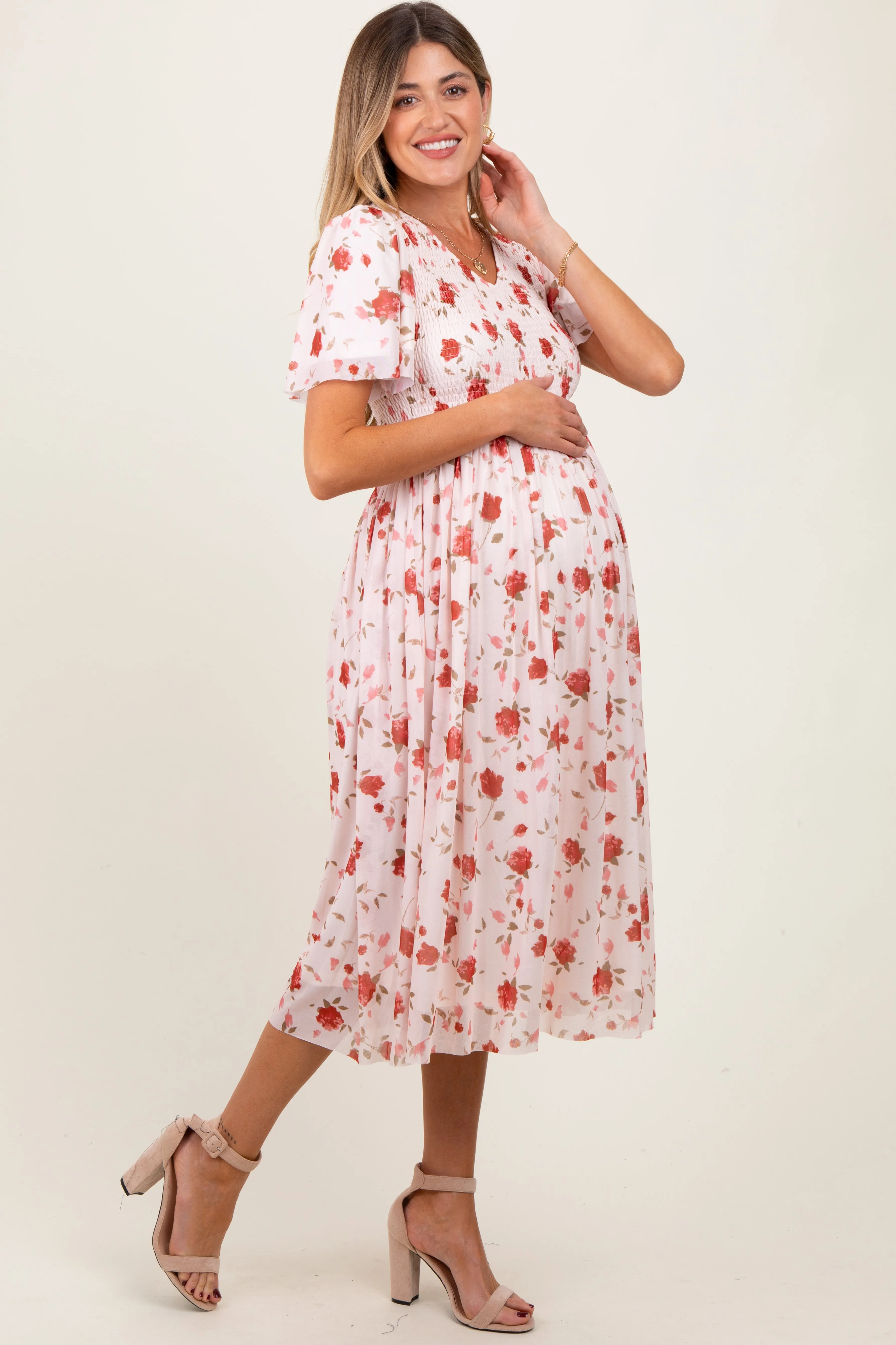 Light Pink Floral Smocked V-Neck Maternity Midi Dress sold by Pinkblush product image thumbnail 3