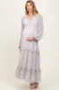 Ivory Floral Chiffon V-Neck Ruffle Tiered Maternity Maxi Dress sold by Pinkblush