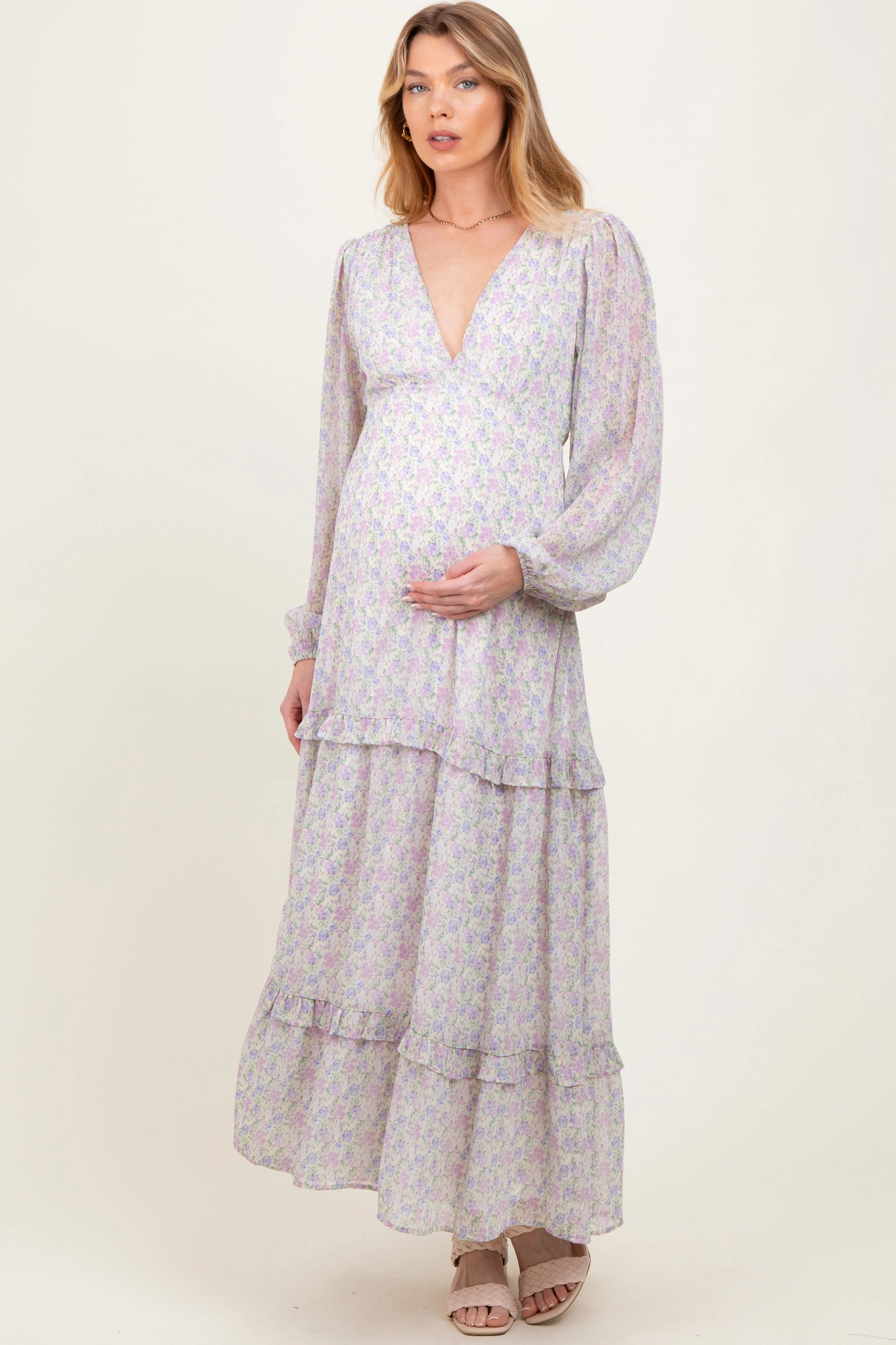 Ivory Floral Chiffon V-Neck Ruffle Tiered Maternity Maxi Dress sold by Pinkblush product image thumbnail 2