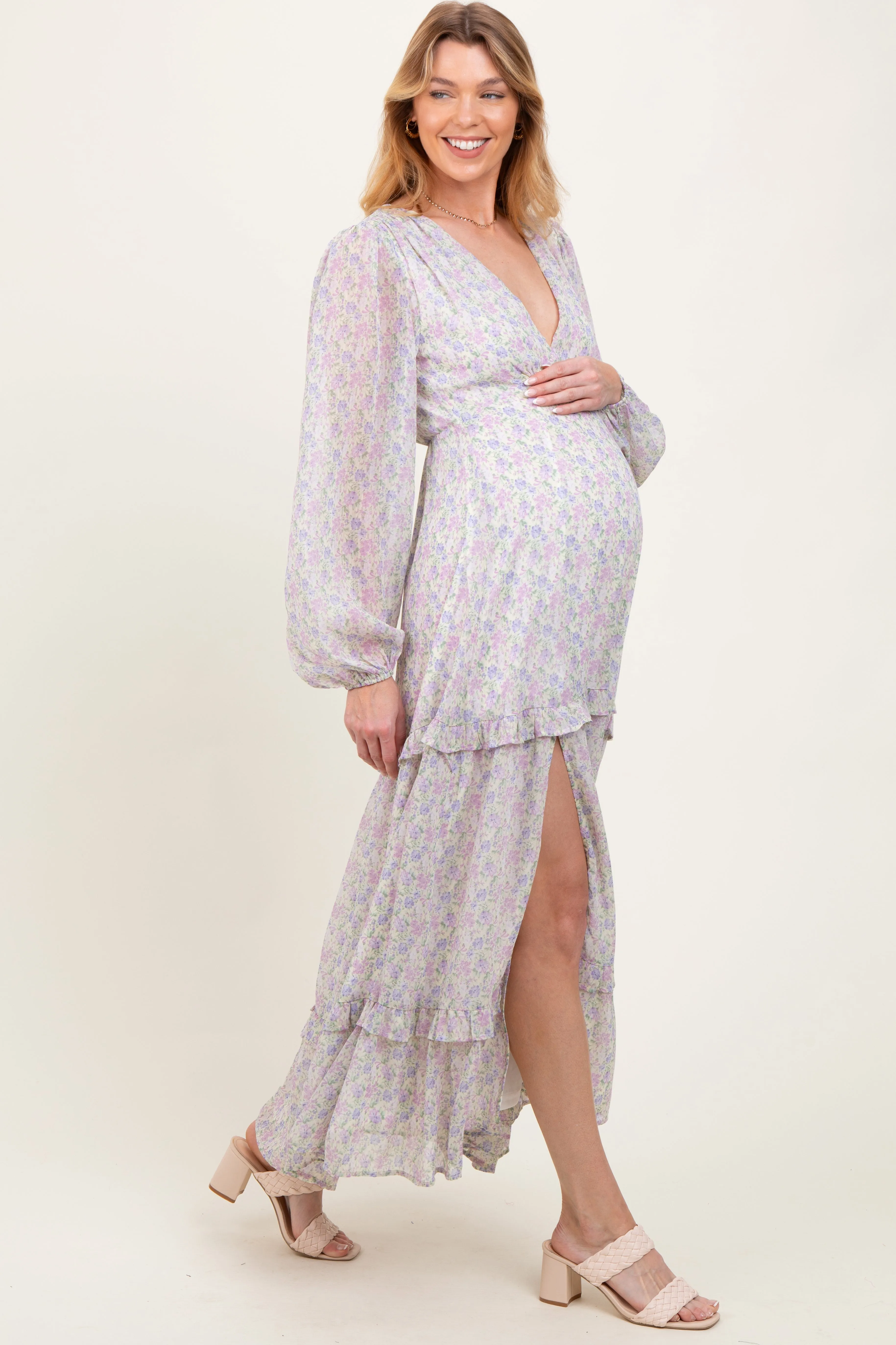Ivory Floral Chiffon V-Neck Ruffle Tiered Maternity Maxi Dress sold by Pinkblush product image thumbnail 3