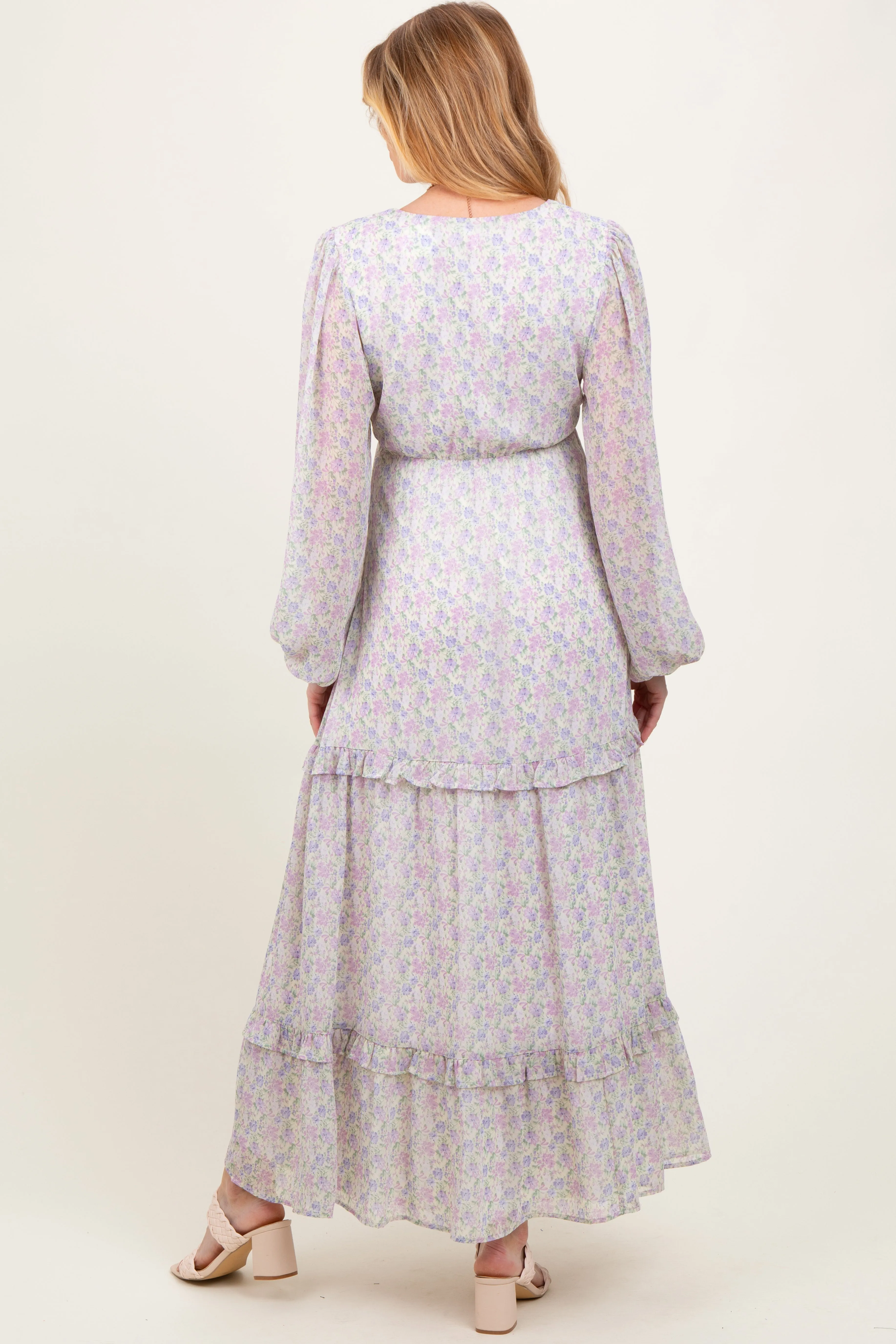 Ivory Floral Chiffon V-Neck Ruffle Tiered Maternity Maxi Dress sold by Pinkblush product image thumbnail 4