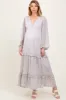 Ivory Floral Chiffon V-Neck Ruffle Tiered Maternity Maxi Dress sold by Pinkblush