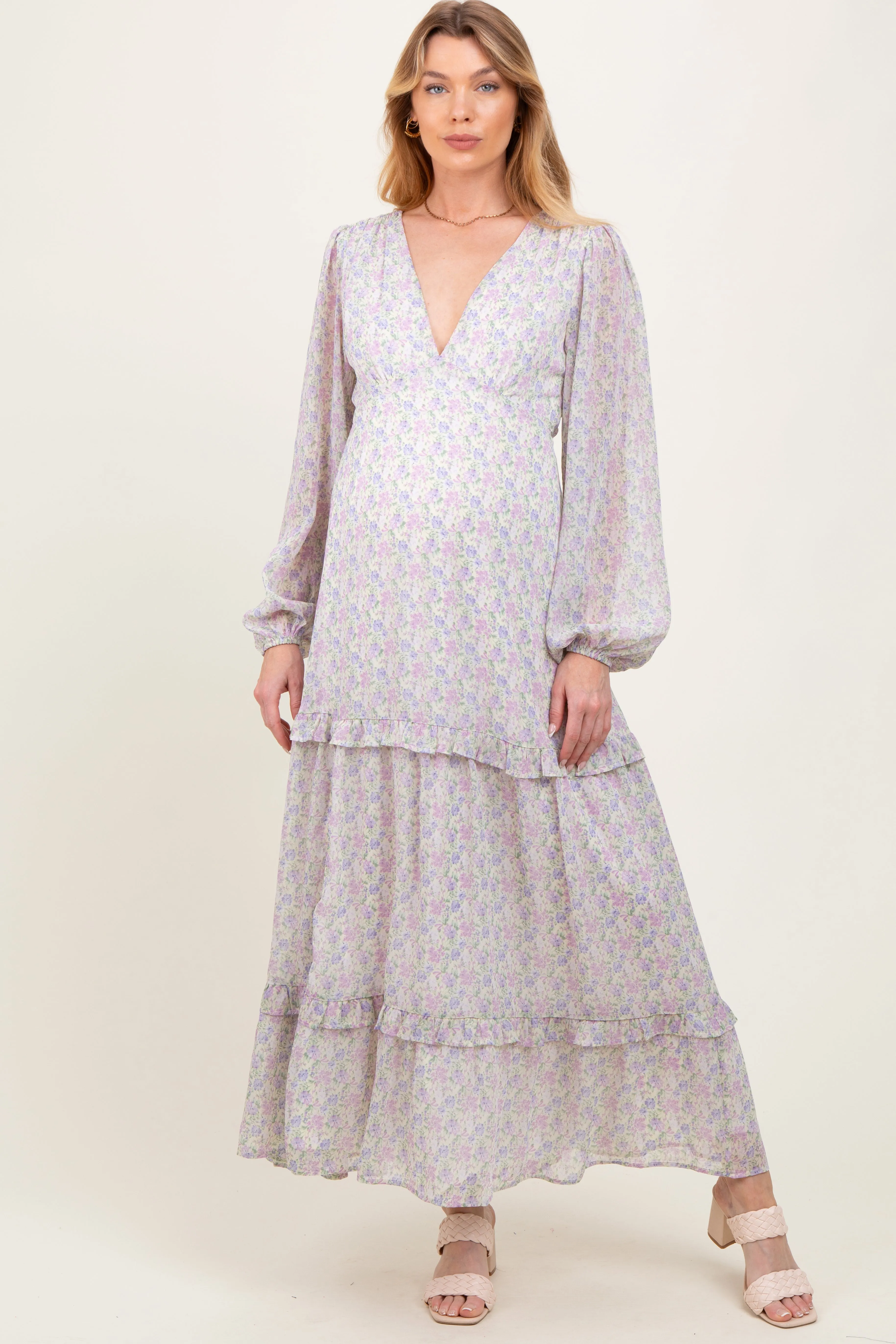 Ivory Floral Chiffon V-Neck Ruffle Tiered Maternity Maxi Dress sold by Pinkblush