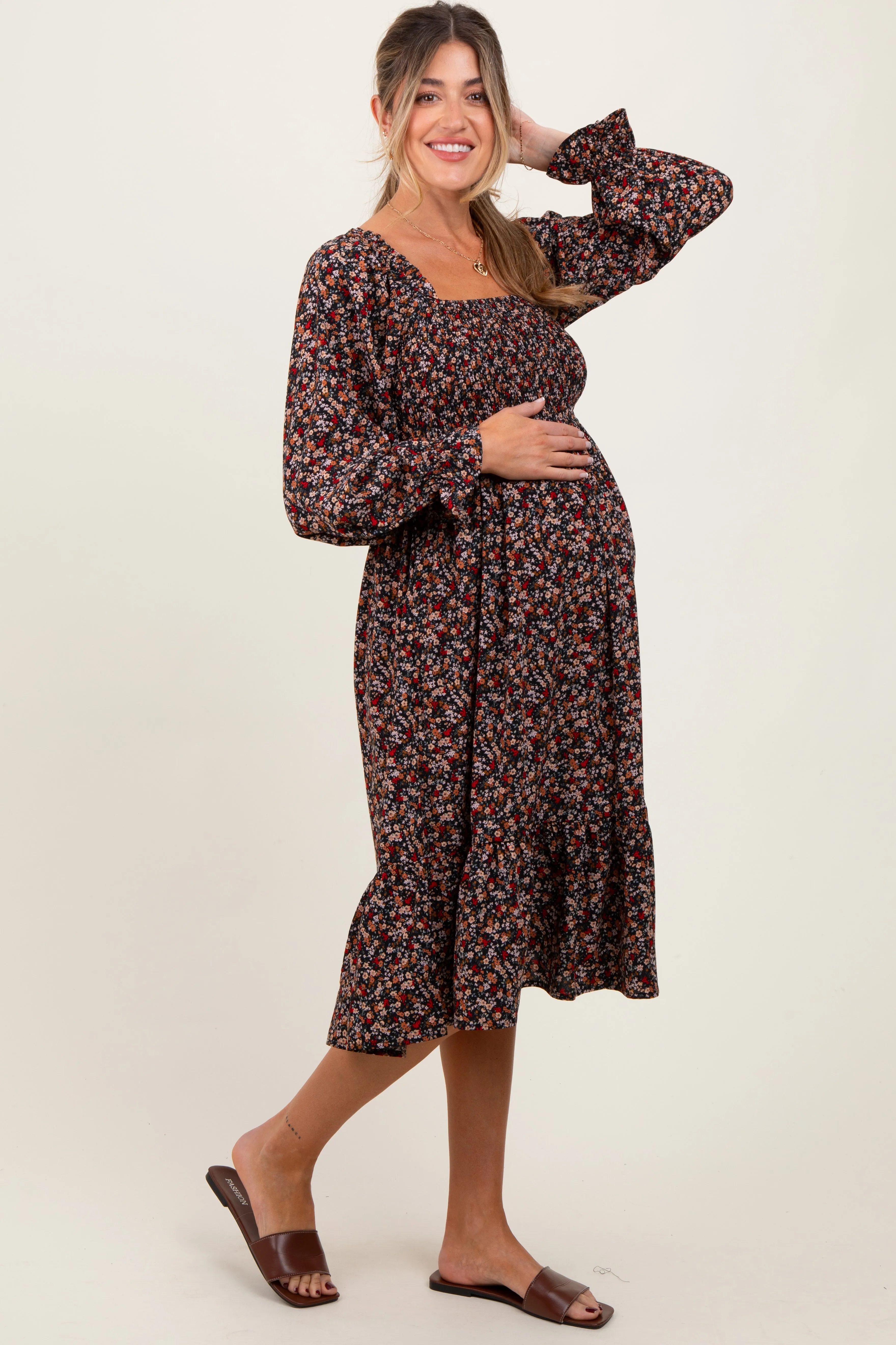 Black Floral Smocked Velvet Back Tie Maternity Midi Dress sold by Pinkblush product image thumbnail 3