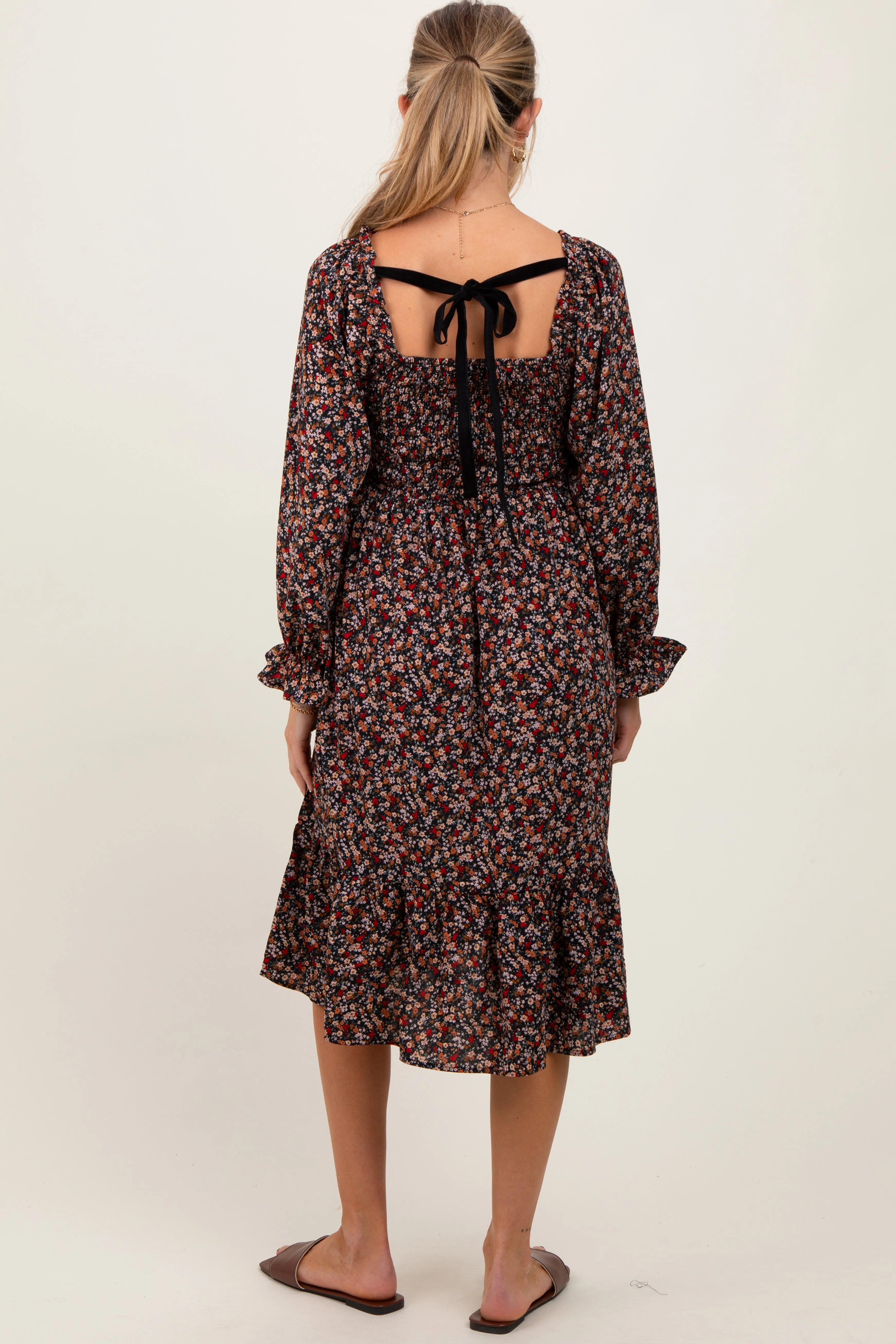 Black Floral Smocked Velvet Back Tie Maternity Midi Dress sold by Pinkblush product image thumbnail 4