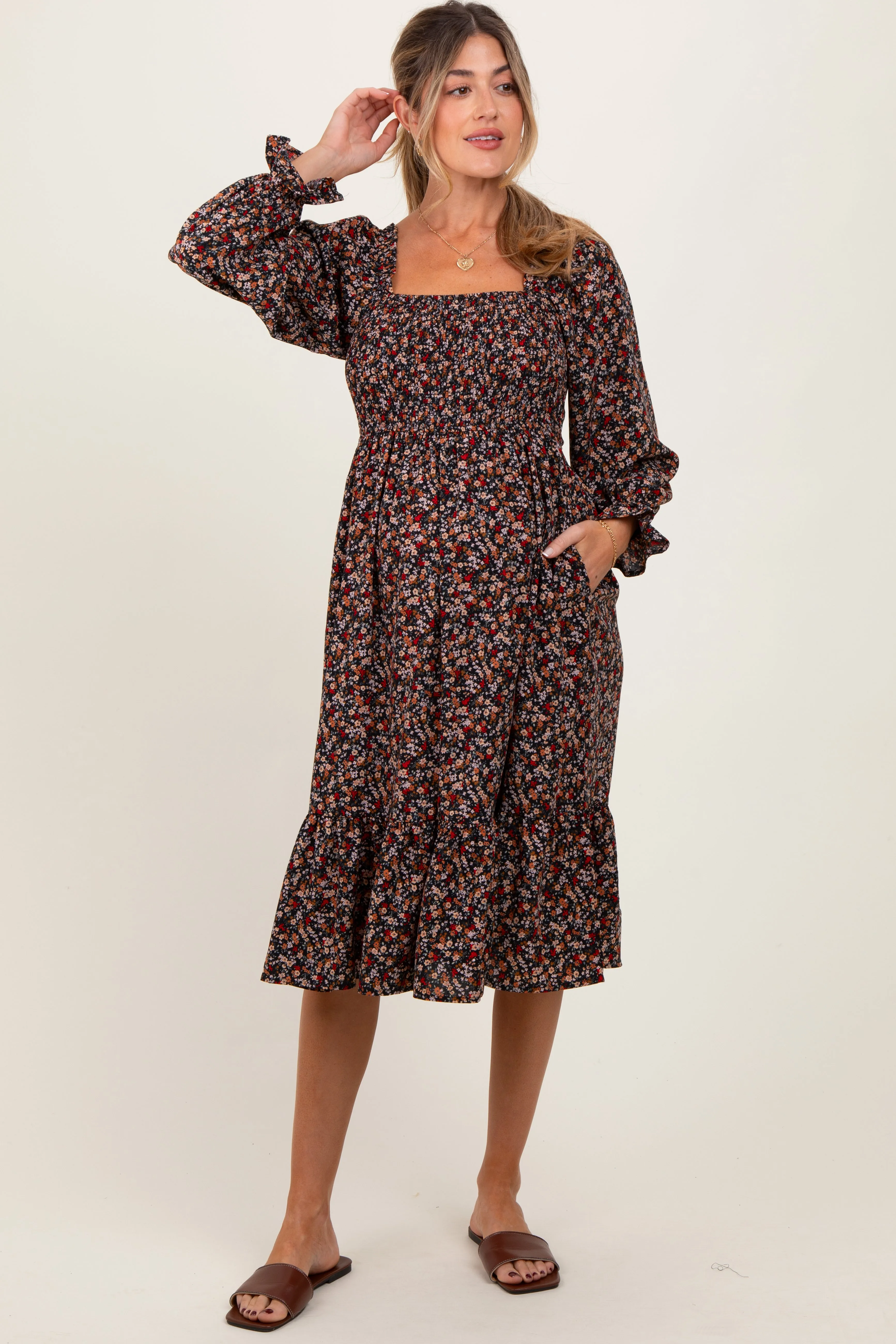 Black Floral Smocked Velvet Back Tie Maternity Midi Dress sold by Pinkblush