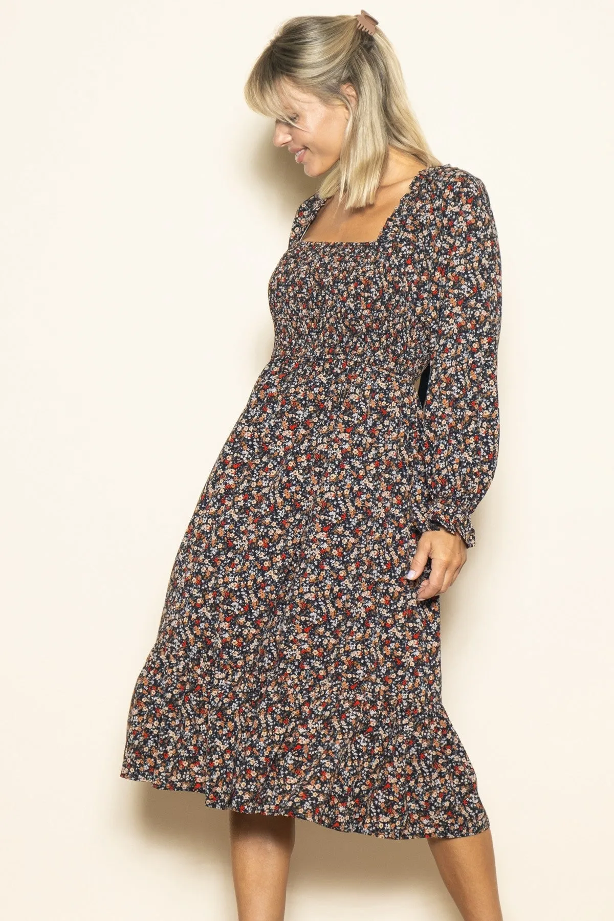 Black Floral Smocked Velvet Back Tie Maternity Midi Dress sold by Pinkblush product image thumbnail 5