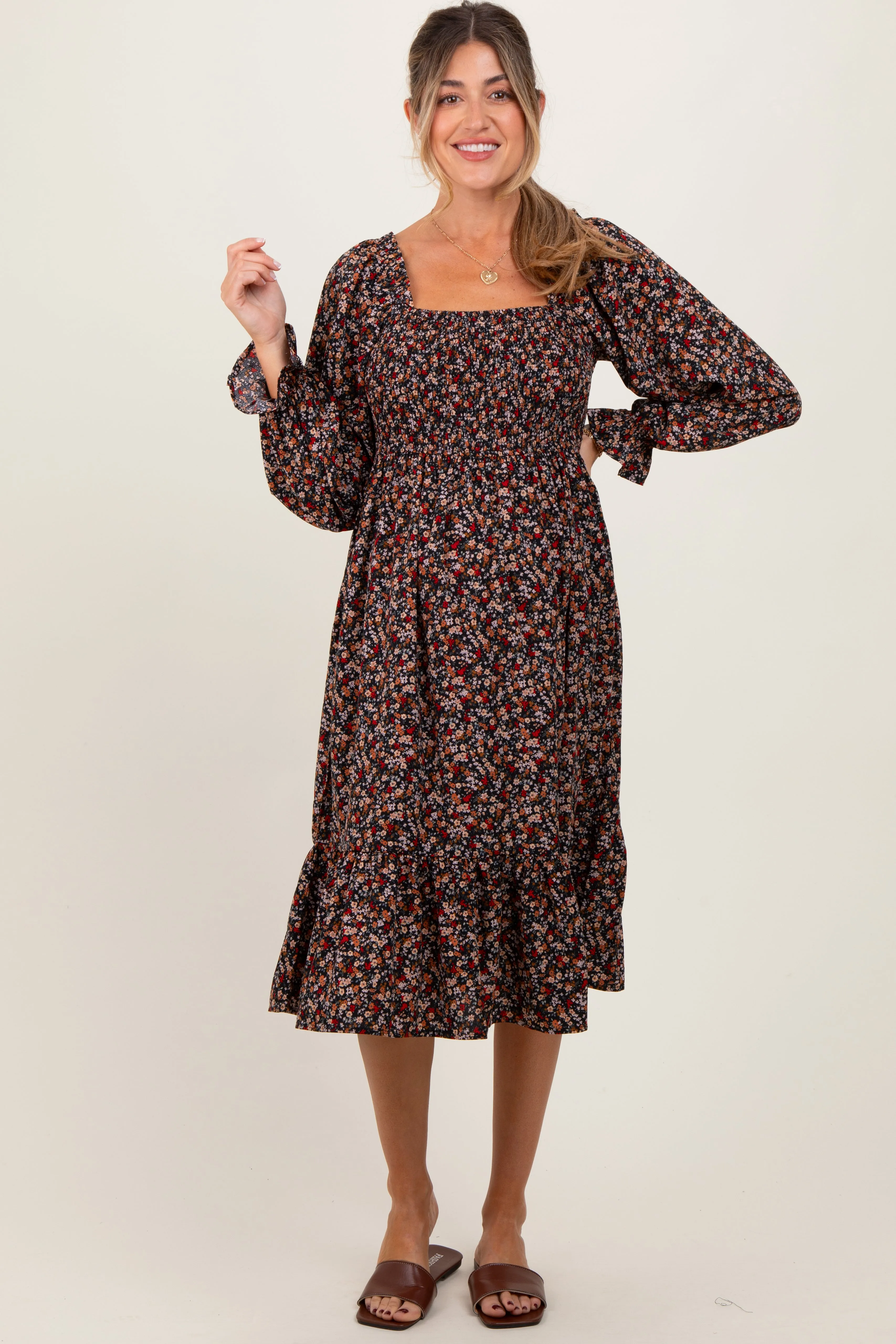 Black Floral Smocked Velvet Back Tie Maternity Midi Dress sold by Pinkblush product image thumbnail 2