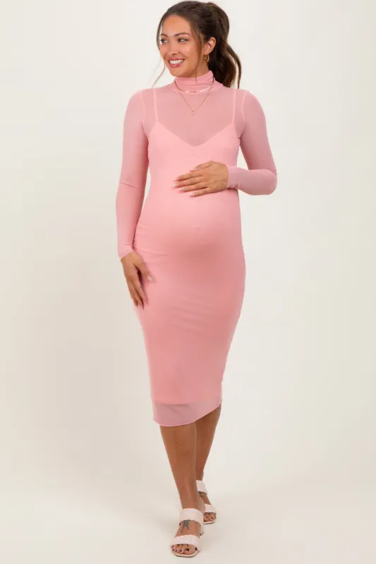 Coral Mesh Overlay Fitted Maternity Midi Dress sold by Pinkblush