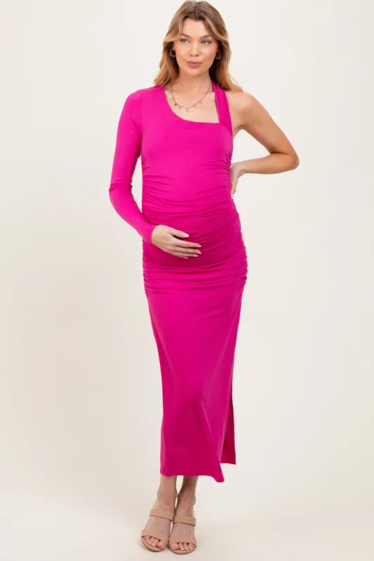 Fuchsia Asymmetric Sleeve Open Back Maternity Maxi Dress sold by Pinkblush