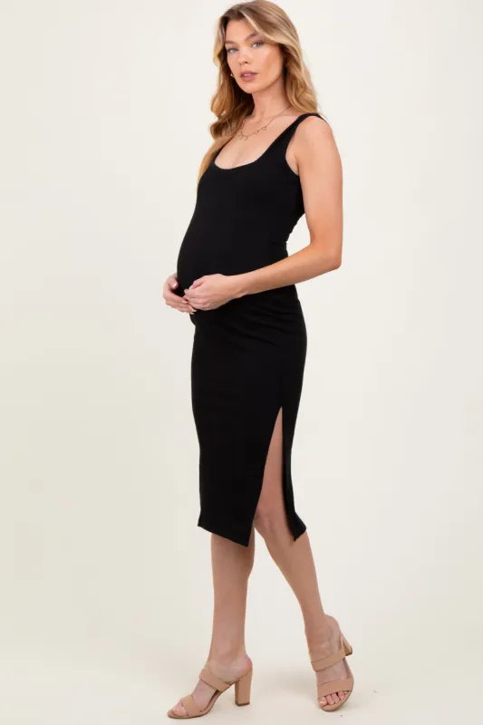 Black Ribbed Knit Low Back Maternity Midi Dress sold by Pinkblush