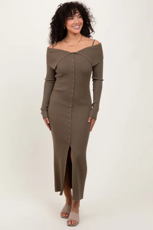 Olive Off Shoulder Long Cardigan Maxi Dress sold by Pinkblush